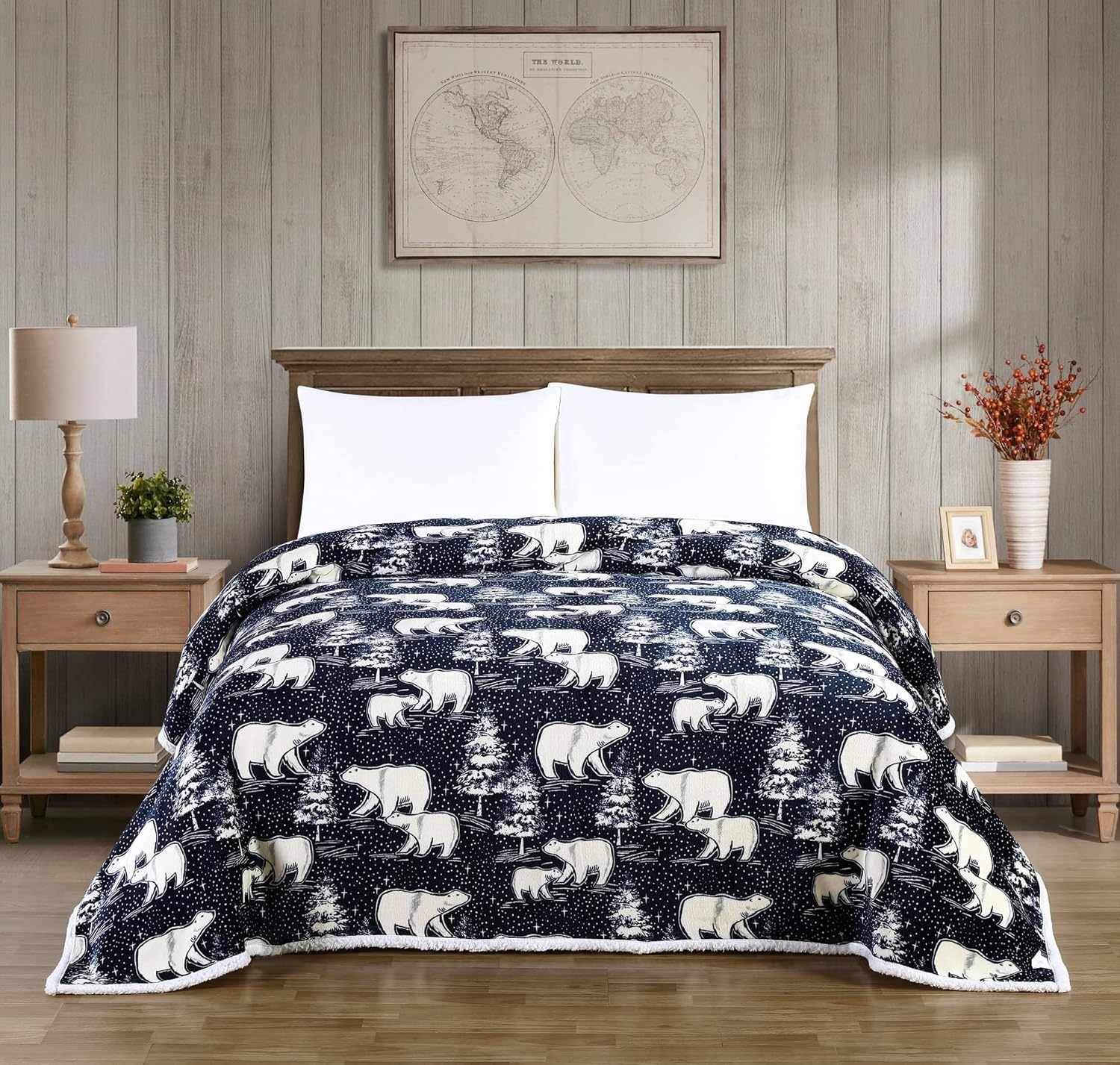 Morgan Home Manta de terciopelo de felpa con reverso a sherpa, manta grande para cama o sofá acogedora y cálida (oso polar crepúsculo, Queen)