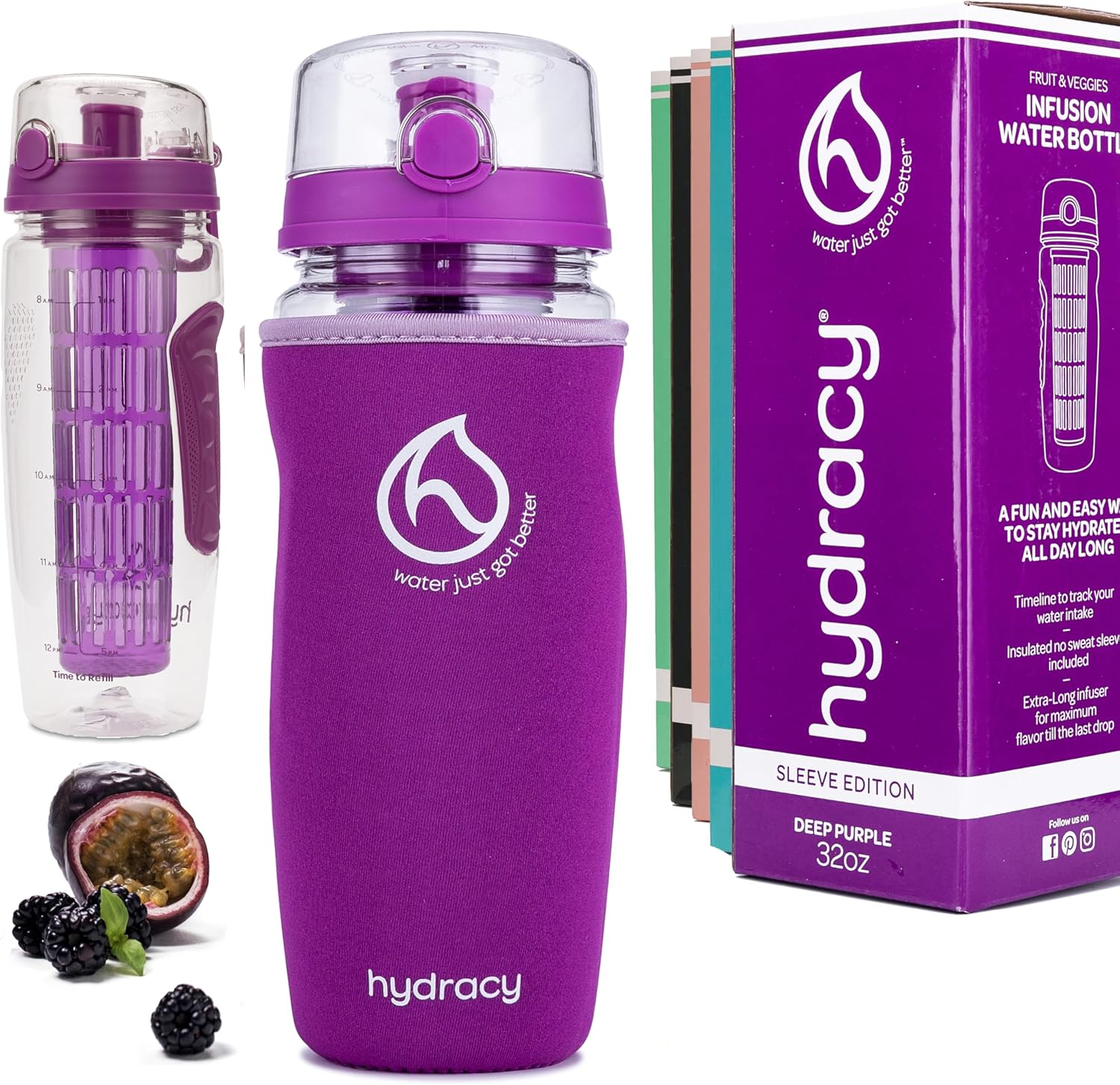 Hydracy Botella deportiva de agua infusora de frutas, de 32 onzas líquidas, barra de infusión de longitud completa, marca de tiempo y funda aislante