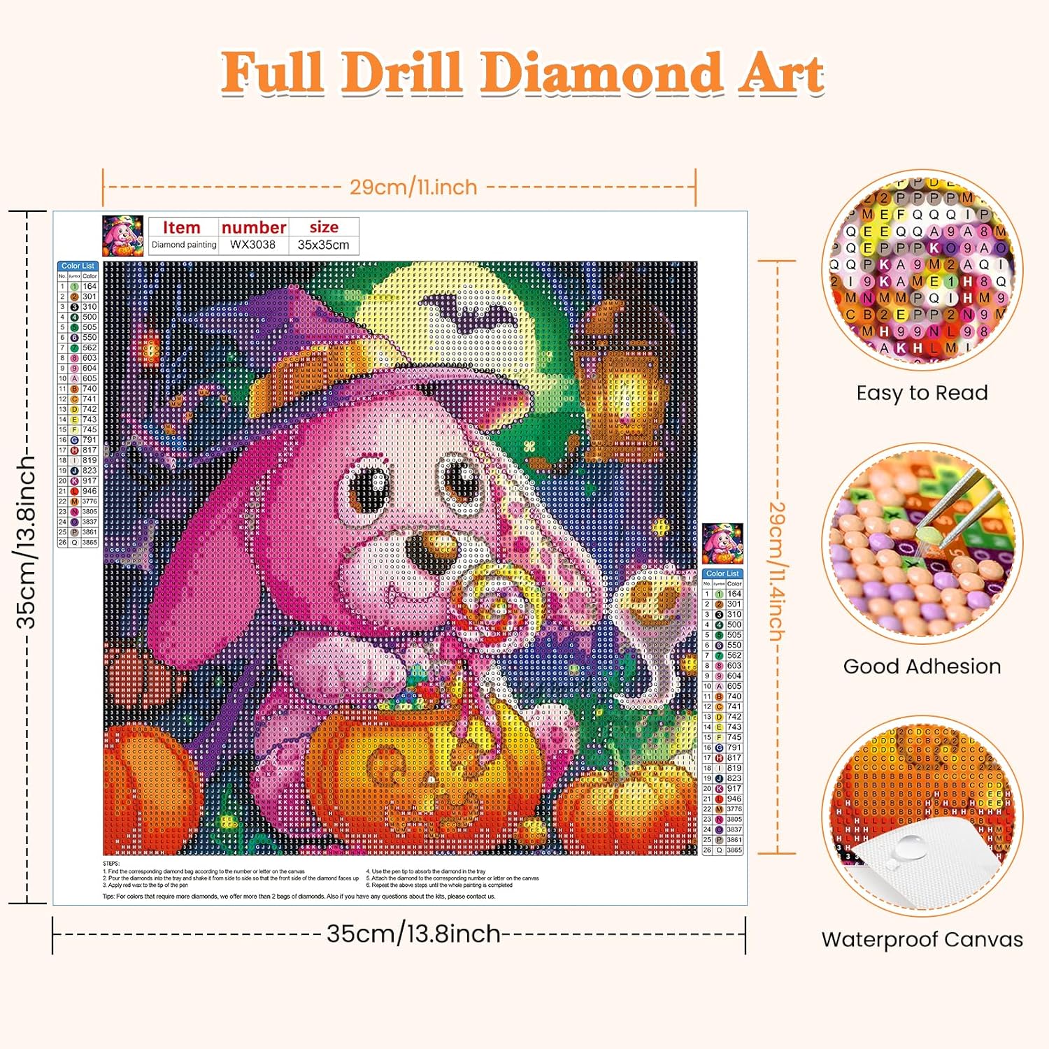 RICUVED Pintura artística de diamantes, kit de pintura de diamantes de conejo de Halloween para adultos, taladro redondo completo, calabazas de