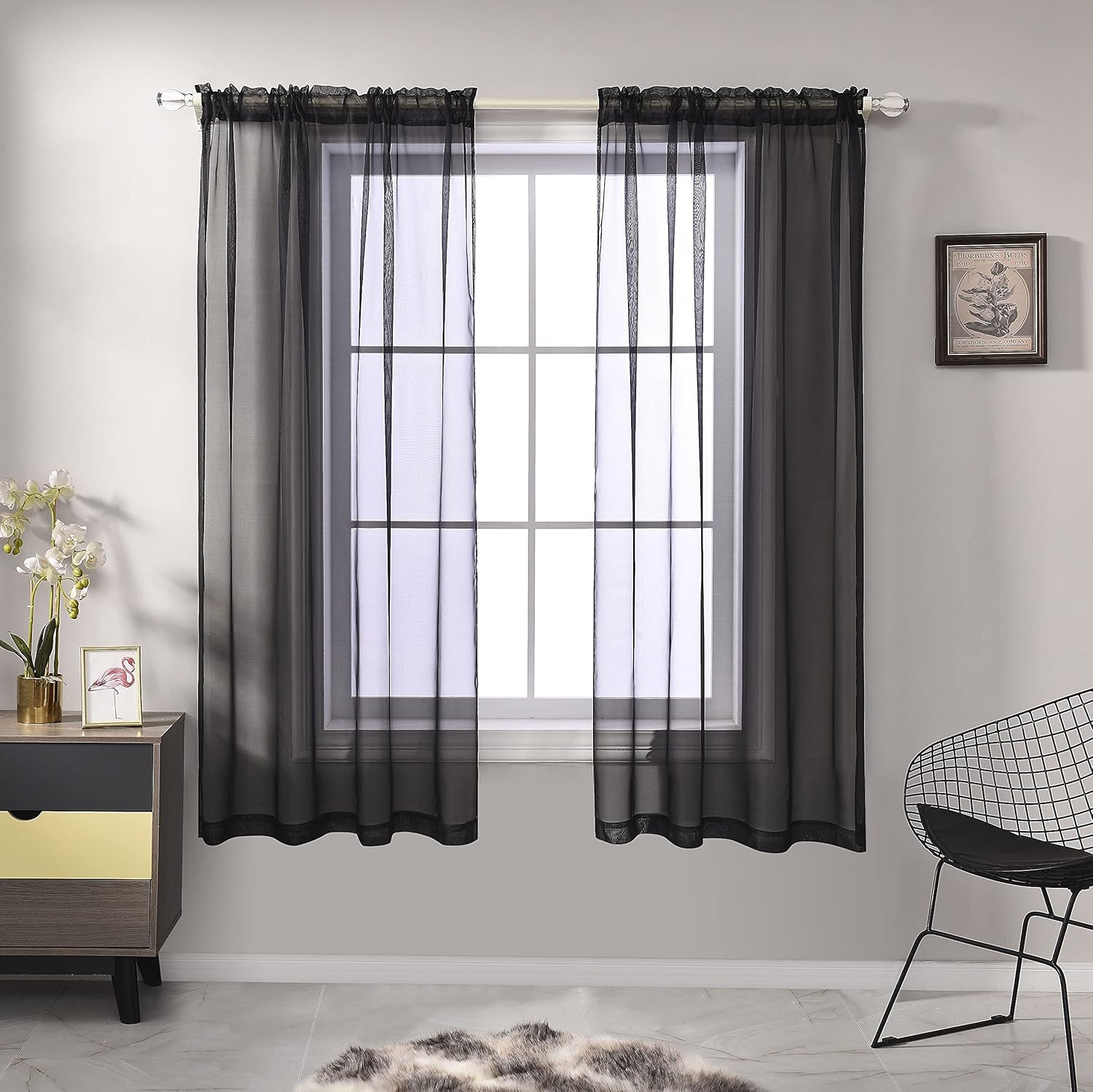 RAIN CITY Cortinas traslĂșcidas de gasa negra para dormitorio de 63 pulgadas de largo, 2 paneles con bolsillo para cortinero, cortinas para ventana