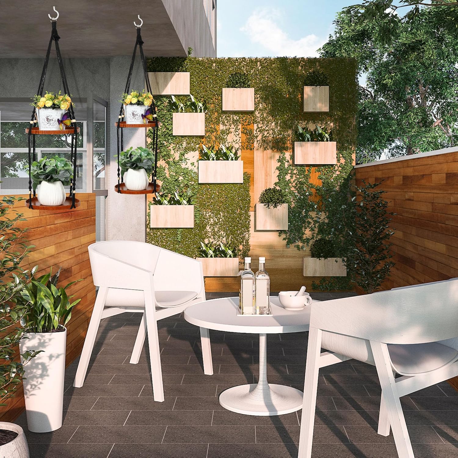 Hiboom Colgador de plantas de 2 niveles para interiores y exteriores, con 2 bandejas de madera maciza, estante colgante de macramé para decoración