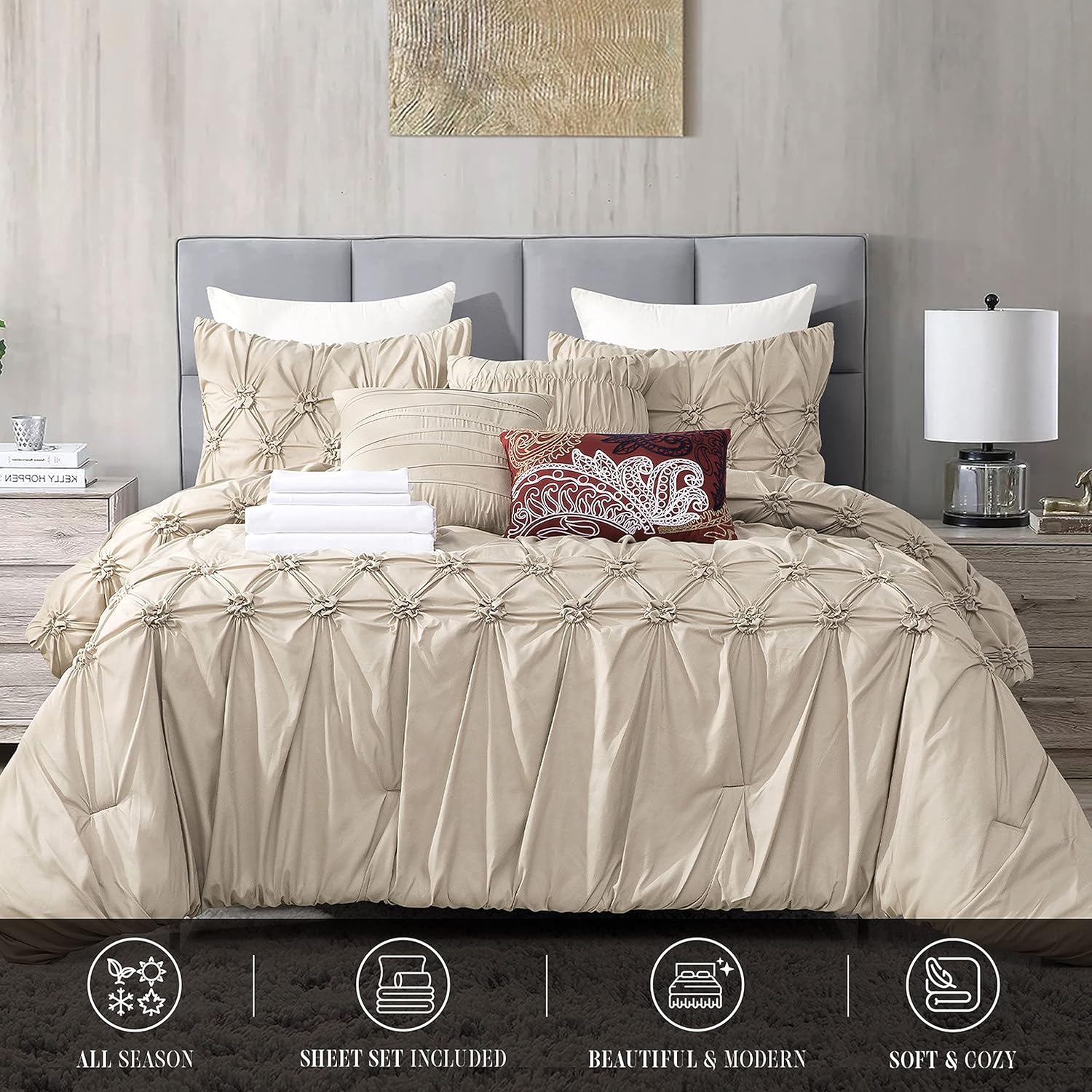 Elegant Comfort Ella – Juego de edredón plisado de 12 piezas, juego de sábanas de 6 piezas con bolsillos inteligentes, almohadas decorativas a