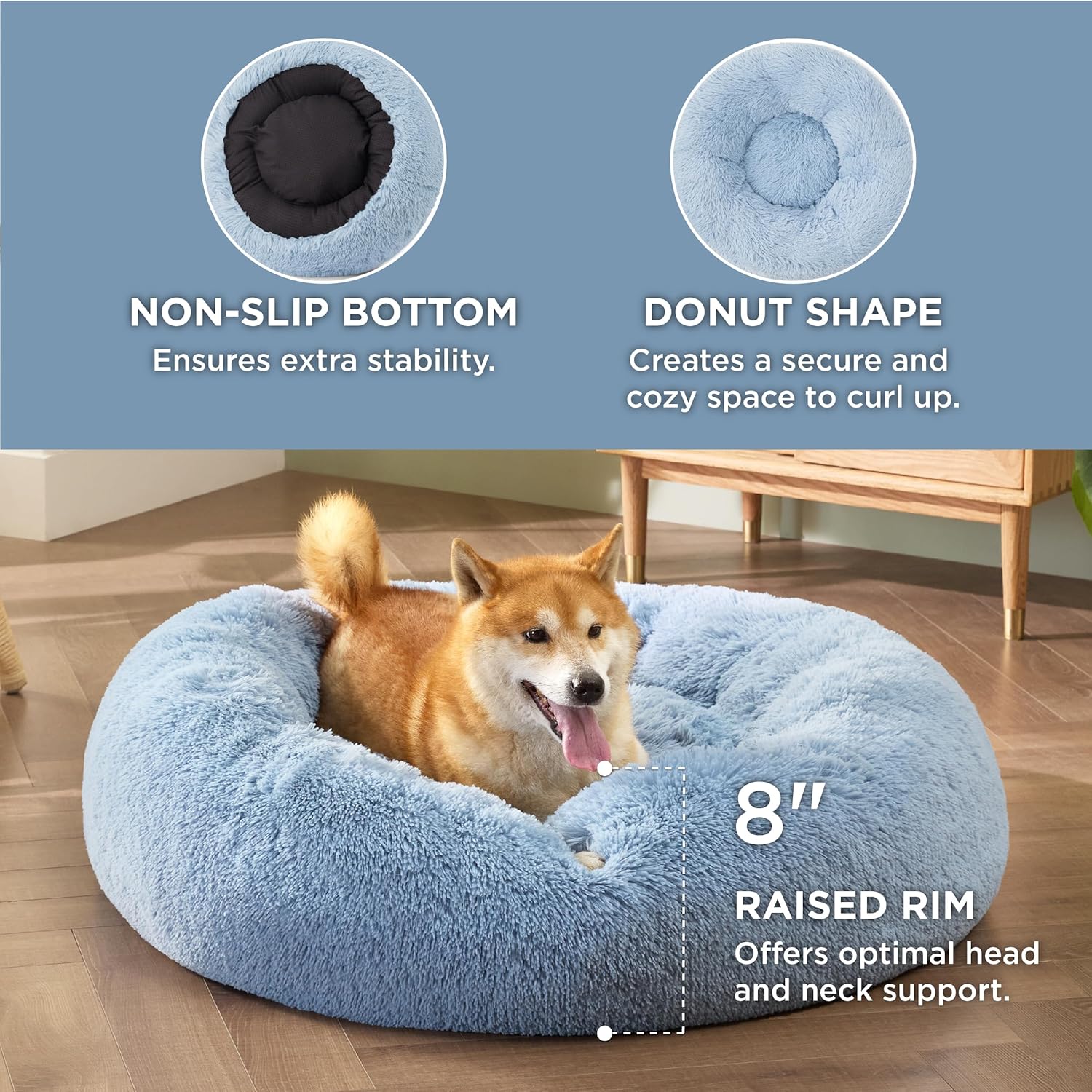 Bedsure Cama calmante para perros medianos  Cama mediana lavable en forma de dona, antideslizante, redonda y esponjosa de pelo sintético, se adapta