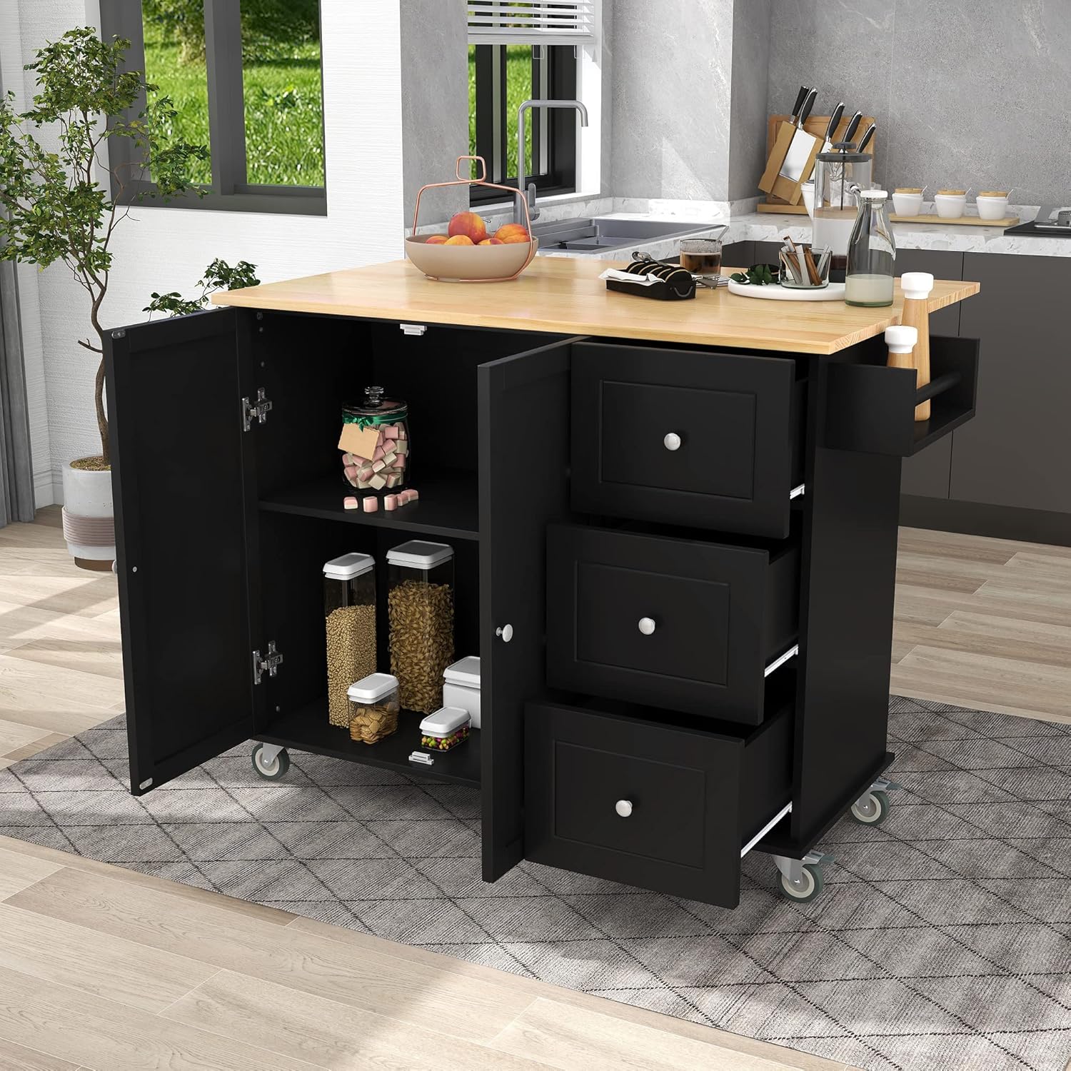 Tomkate Isla de cocina móvil rodante de 52.7 pulgadas con hoja caída, carrito de isla de cocina con ruedas con 3 cajones y armario de