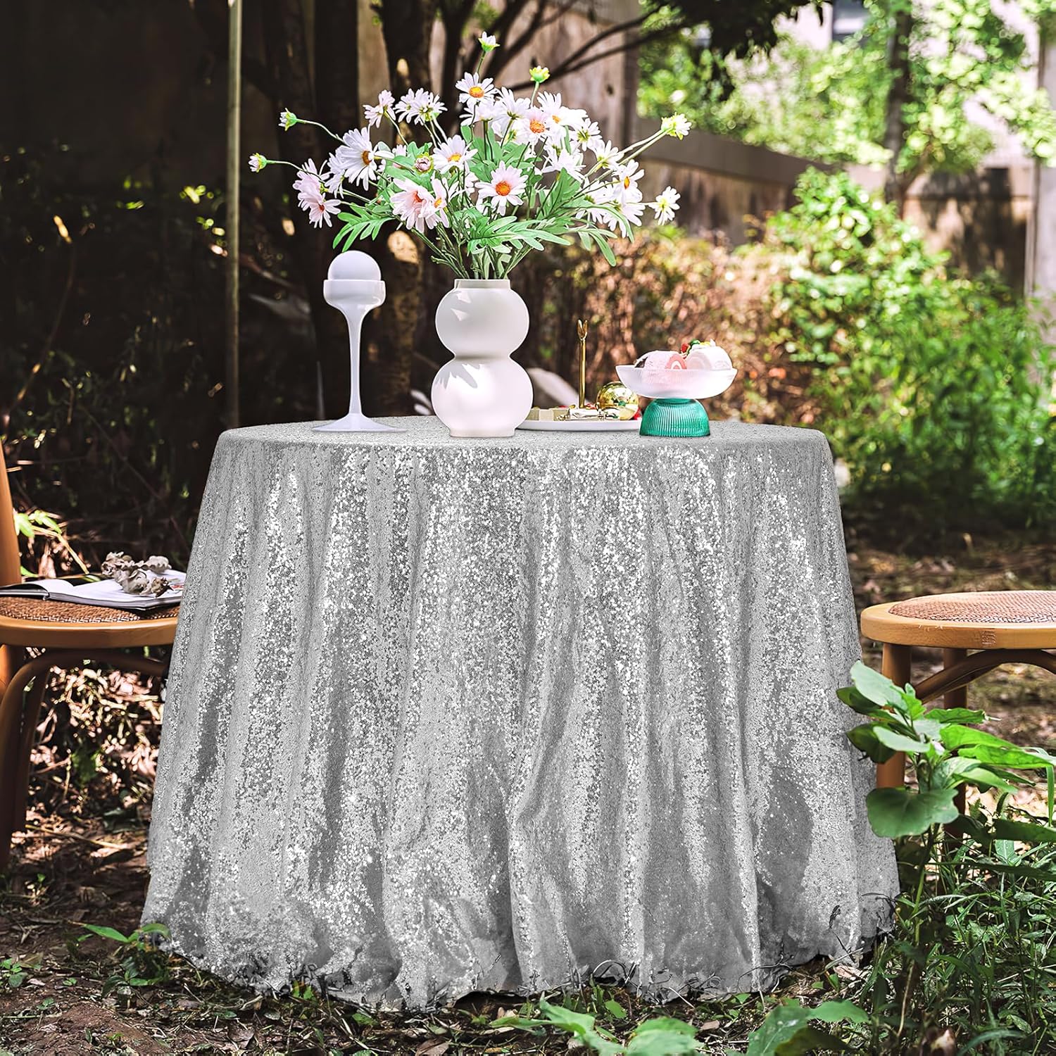 Mantel redondo de lentejuelas plateadas brillantes de 72 pulgadas, mantel de lentejuelas para tartas, ropa de cama de lentejuelas para boda