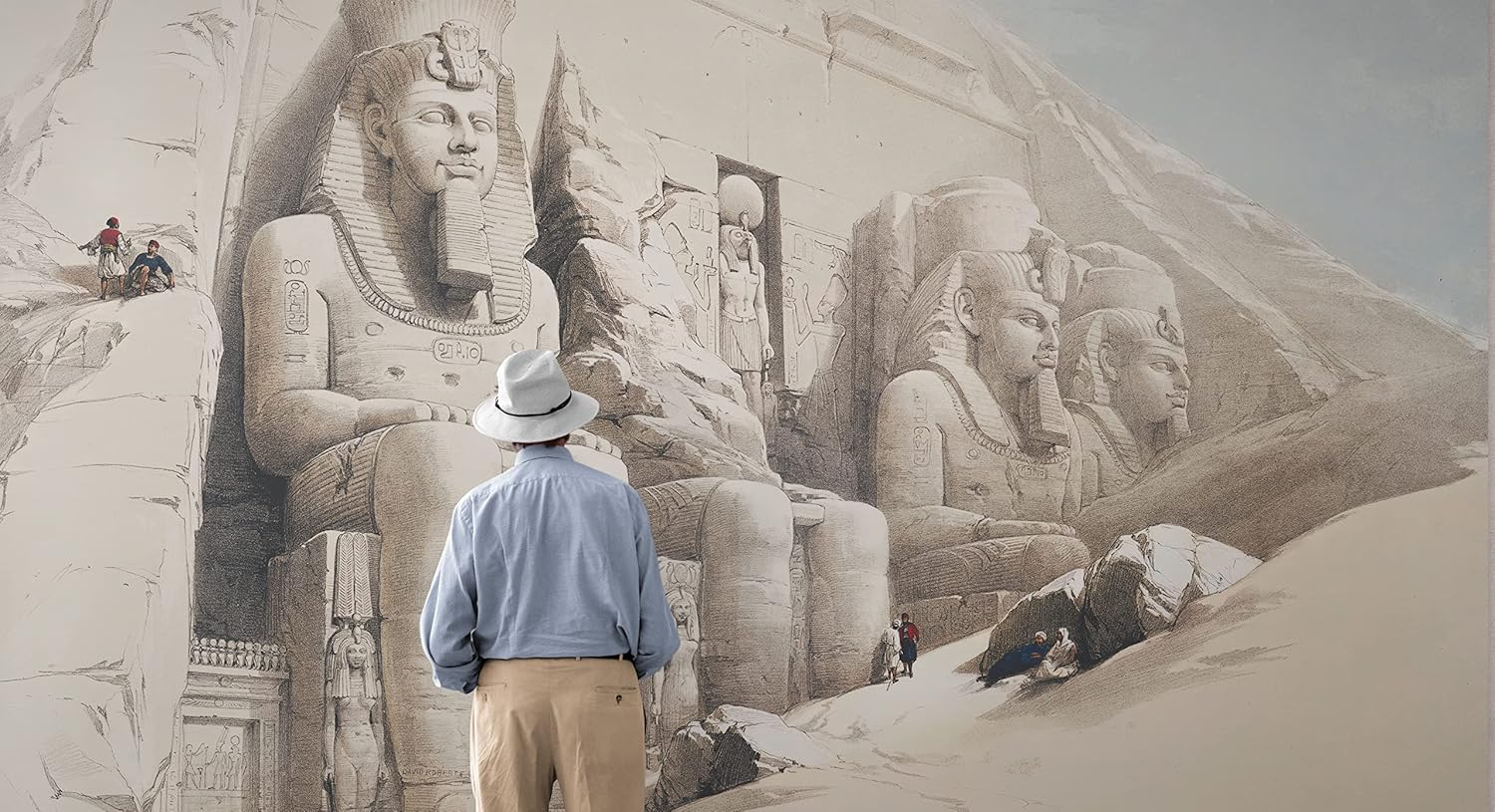 Ancient Egyptian Temple Gods and Pyramids Wall Mural. The Great Temple of Aboo-Simble, Nubia by David Roberts. Peel and Stick Wallpaper. #6417