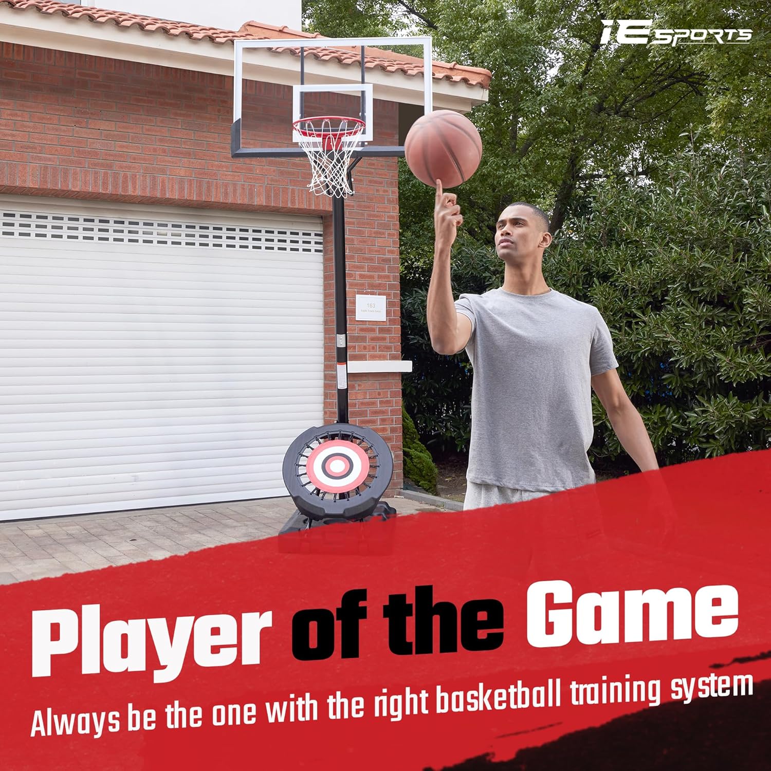 IE SPORTS Aro de baloncesto para exteriores, fácil ajuste de altura de 7.5 a 10 pies, sistema de portería de baloncesto portátil para niños y