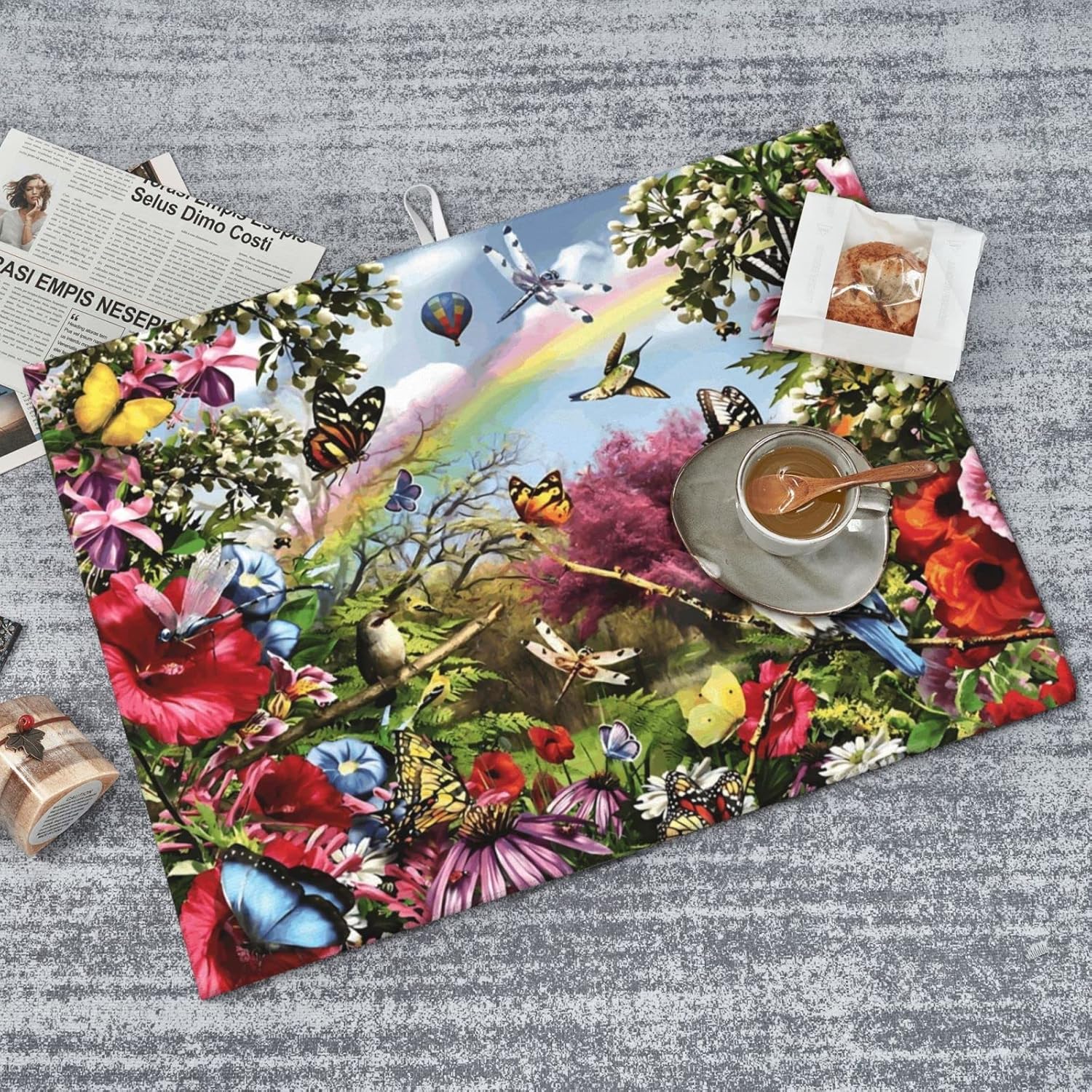 Tapete de secado de platos con diseño de flores de pájaro para encimera de cocina, extra grande, absorbente, microfibra de secado rápido, accesorios