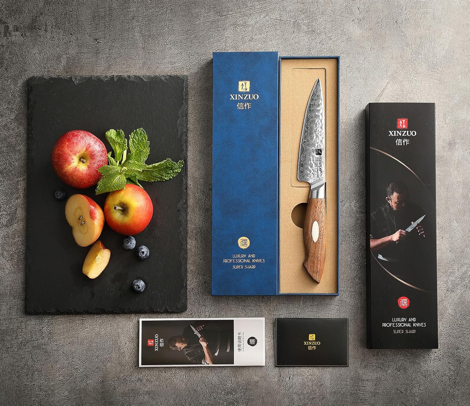 XINZUO AUS-10 Cuchillo utilitario japonés de acero de 5 pulgadas, cuchillo de pelar de acero de Damasco con superficie martillada, cuchillo de