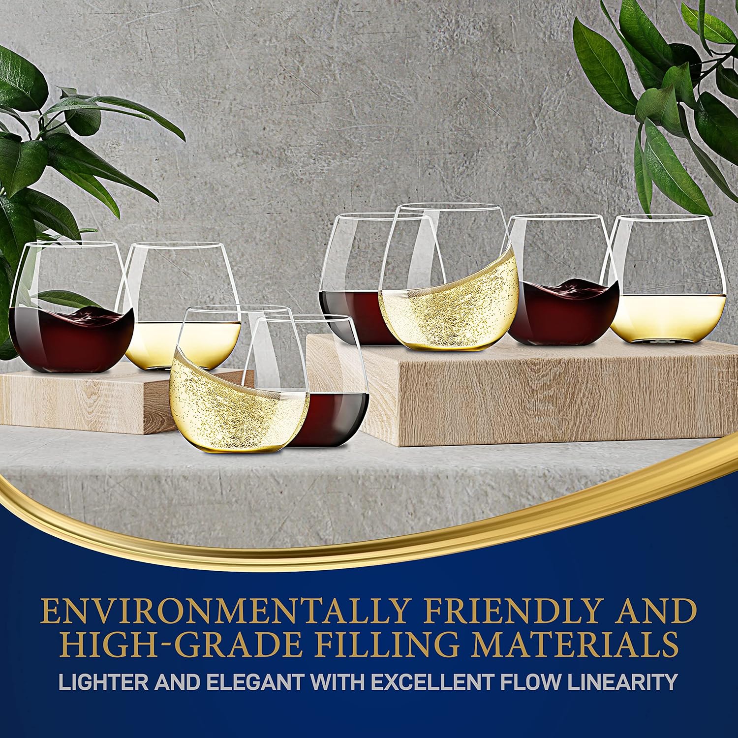 NutriChef Copas de vino sin tallo de 15 onzas  Juego de 8 vasos de cristal transparente para vino rojo y blanco, ultrafino, elegante, sin plomo,