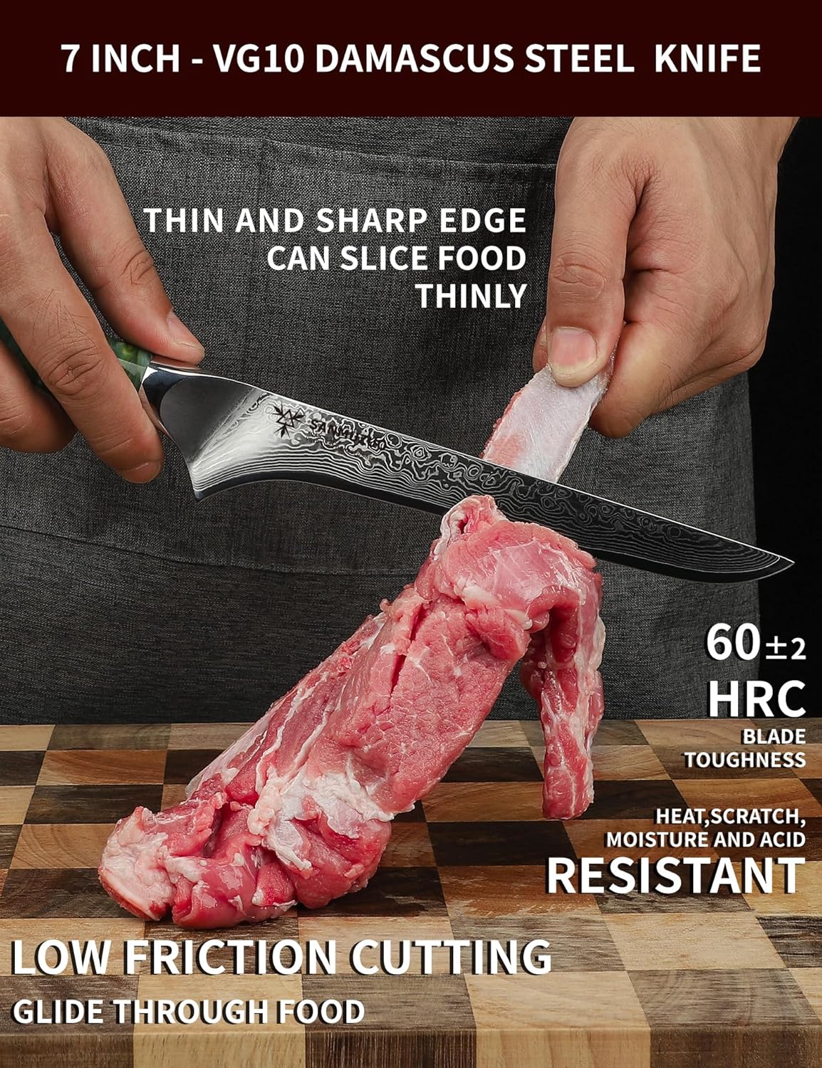 SANMUZUO Cuchillo Bonning – Cuchillo de filete de 7 pulgadas – Serie Xuan – Cuchillo de corte de carne de acero Damasco VG10 – Mango de resina