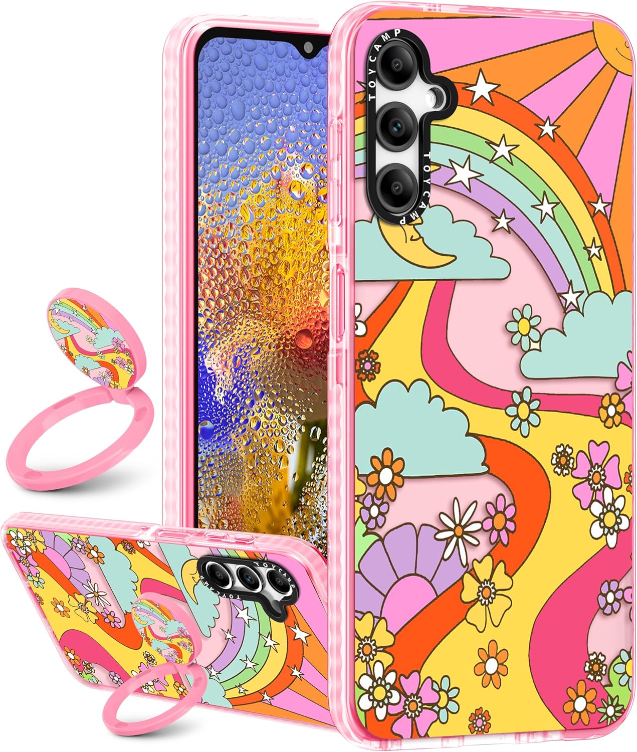 Toycamp Funda para teléfono Galaxy A54 0.18 oz con soporte de anillo lindo arco iris, sol, luna, río, flores, diseño de grafiti de dibujos animados,