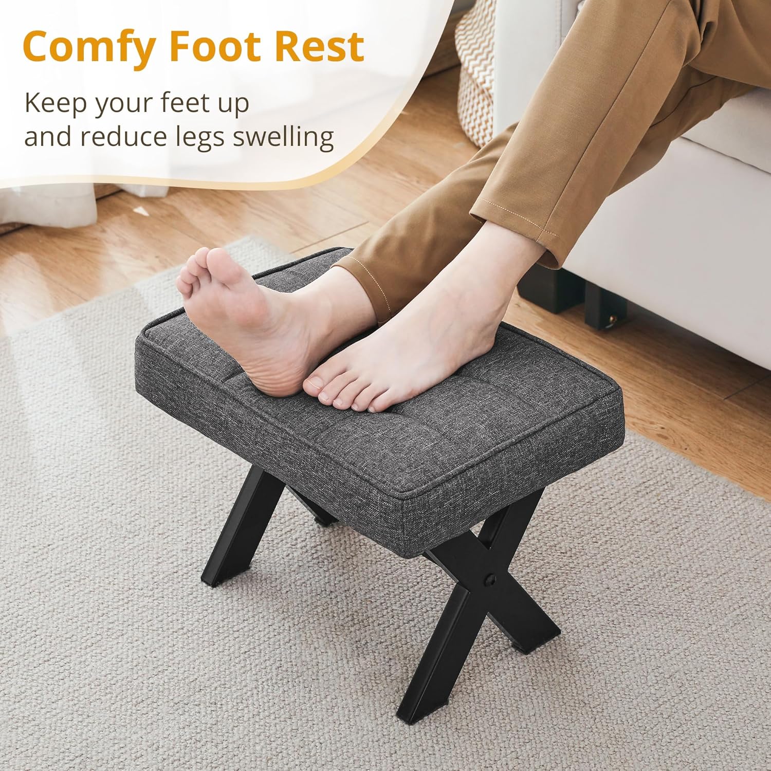LUE BONA Taburete para pies, taburetes pequeños de 12 pulgadas de alto, reposapiés de lino resistente con patas en X de metal, reposapiés acolchado