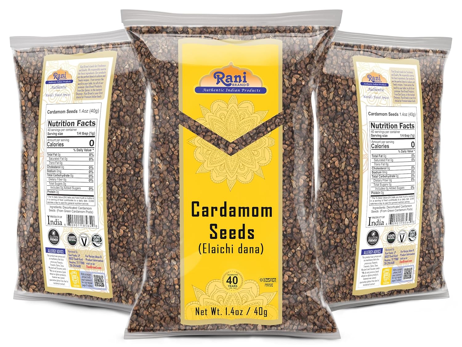 Rani Cardamomo (Elachi) Semillas decorticadas de especias indias 1.4oz (40g)  Todo natural  Vegano  Apto para gluten  Sin OMG  Kosher  Origen indio