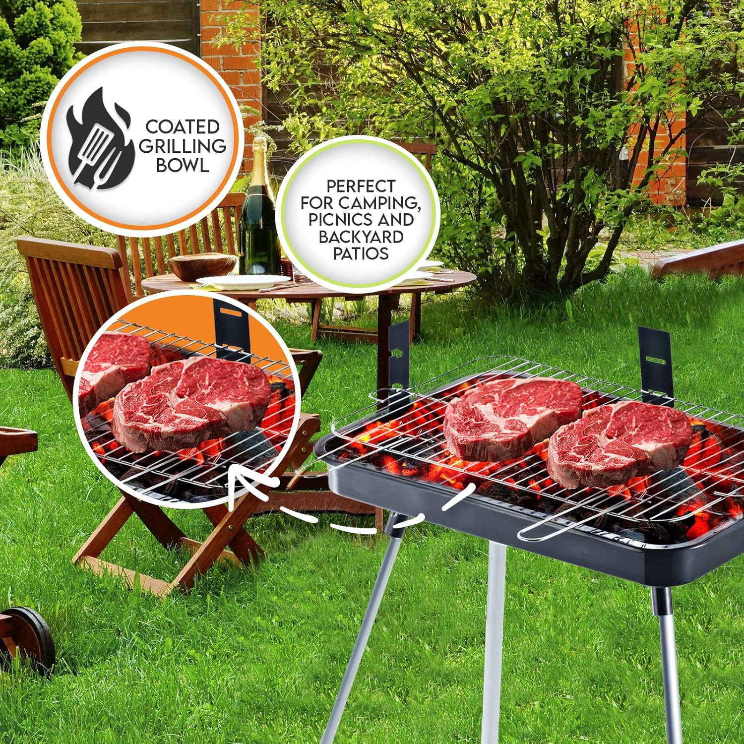 PAMI Parrilla portátil de carbón para barbacoa, parrilla mediana rectangular de 22 pulgadas para patio, patio, campamento, portón trasero y pícnics,