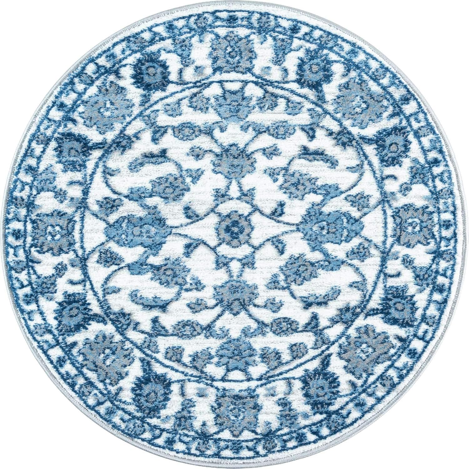 Unique Loom Boston Collection – Alfombra de área con diseño floral (3 pies 3 pulgadas, redonda, blanco, azul y gris)