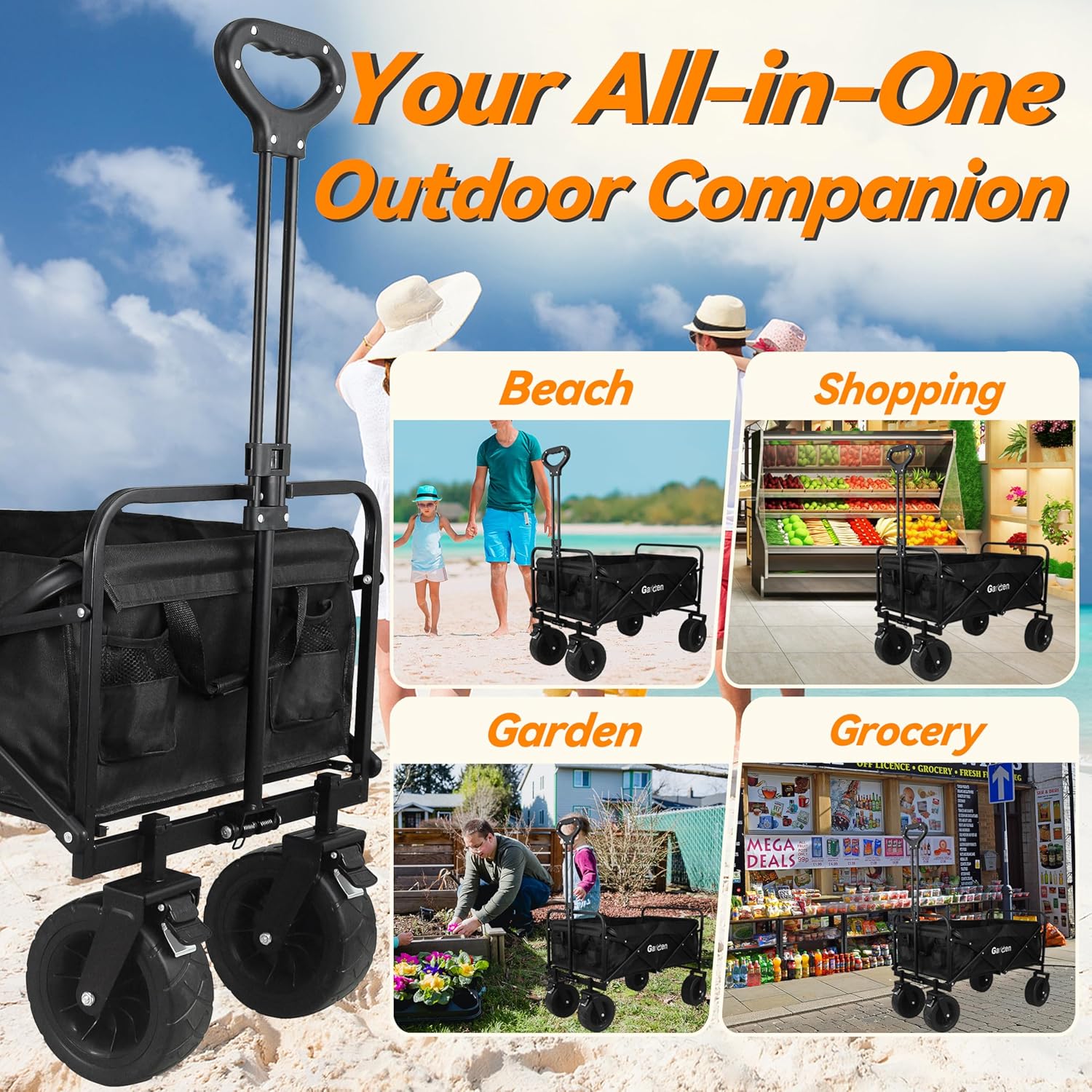 Gardzen Carro plegable, carro de jardín con ruedas todo terreno para una fácil maniobra, carro plegable grande que transporta hasta 180 libras,