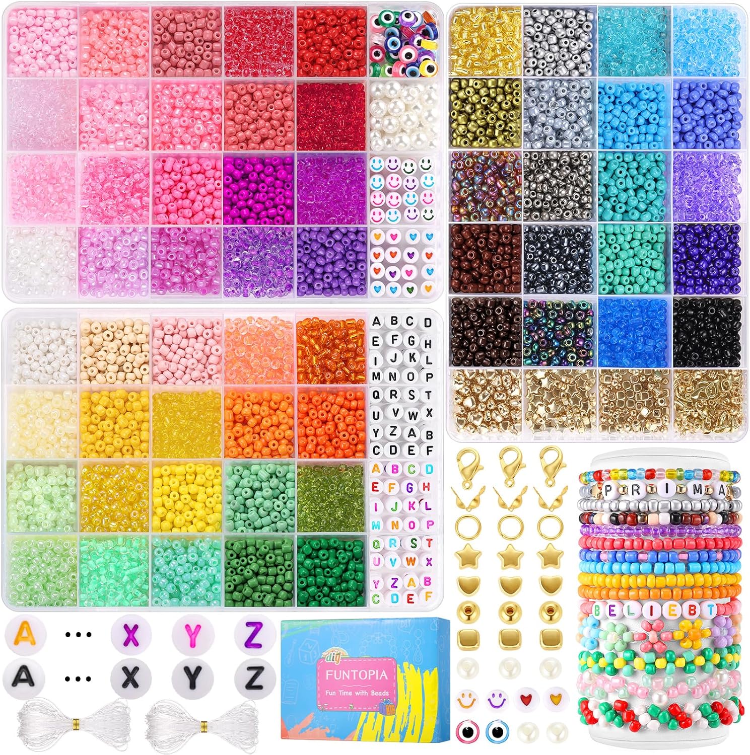 Funtopia Más de 7800 cuentas de semillas para la fabricación de joyas, 60 colores pequeñas de cuentas de vidrio para pulseras, kit de pulsera de la