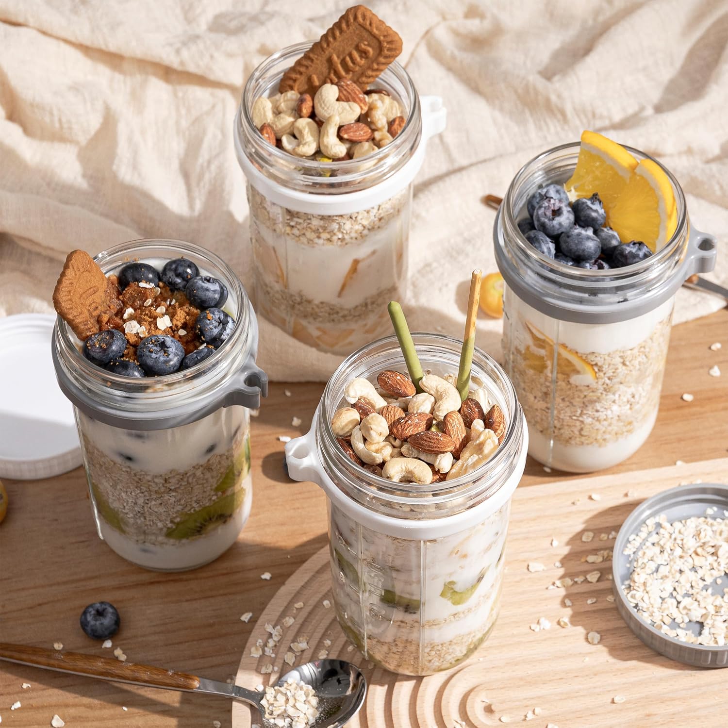 Paquete de 4 recipientes de avena con tapas herméticas y cucharas, tarros de vidrio de 21 onzas con marcas de medición, tarros de avena para