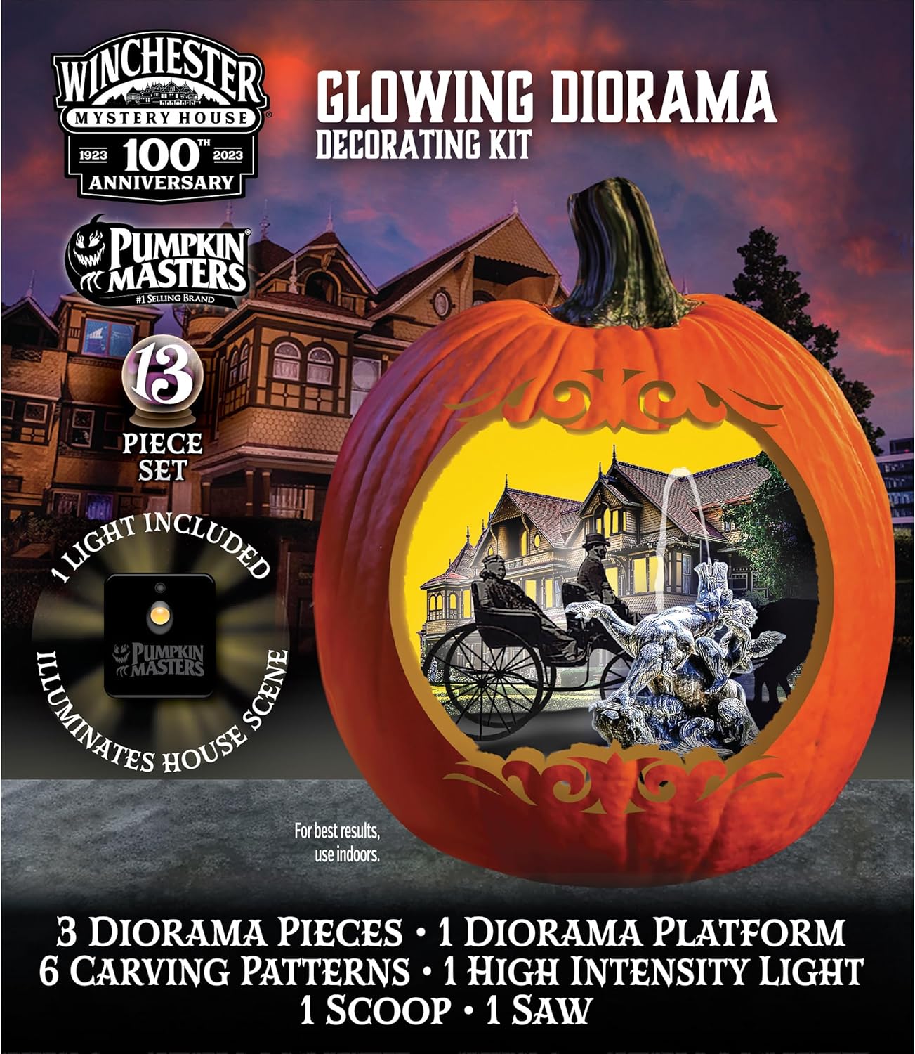 Winchester Mystery House – Kit de decoración de diorama brillante de Pumpkin Masters juego de 13 piezas, luz incluida ilumina la escena de la casa