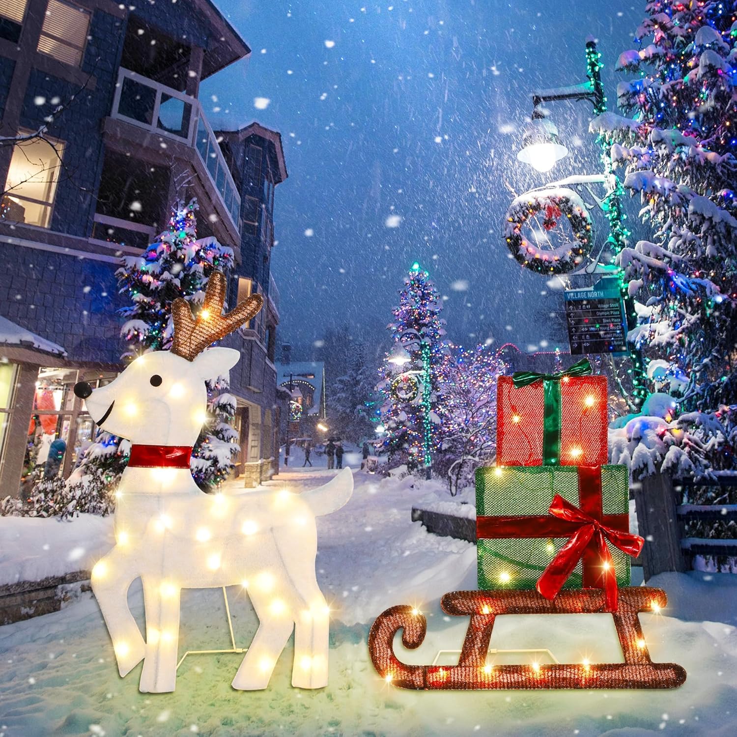 Joliyoou Decoración de Navidad 2D para patio, juego de 3 renos preiluminados con 60 luces LED blancas cálidas para puerta delantera de Navidad,