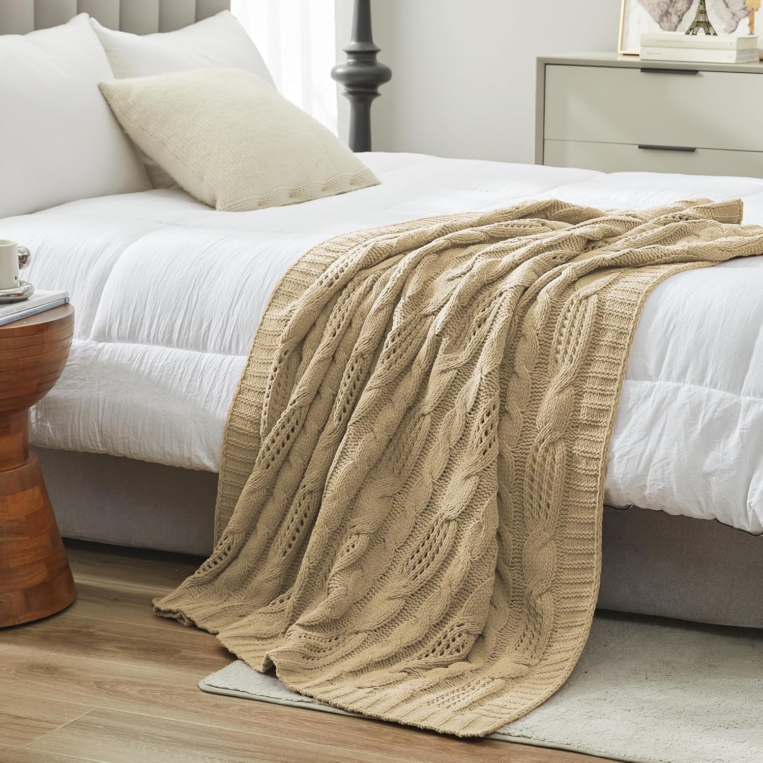 Amélie Home Manta de felpilla de punto grueso, transpirable, de punto trenzado, para sofá, silla, cama, color beige, 50 x 60 pulgadas