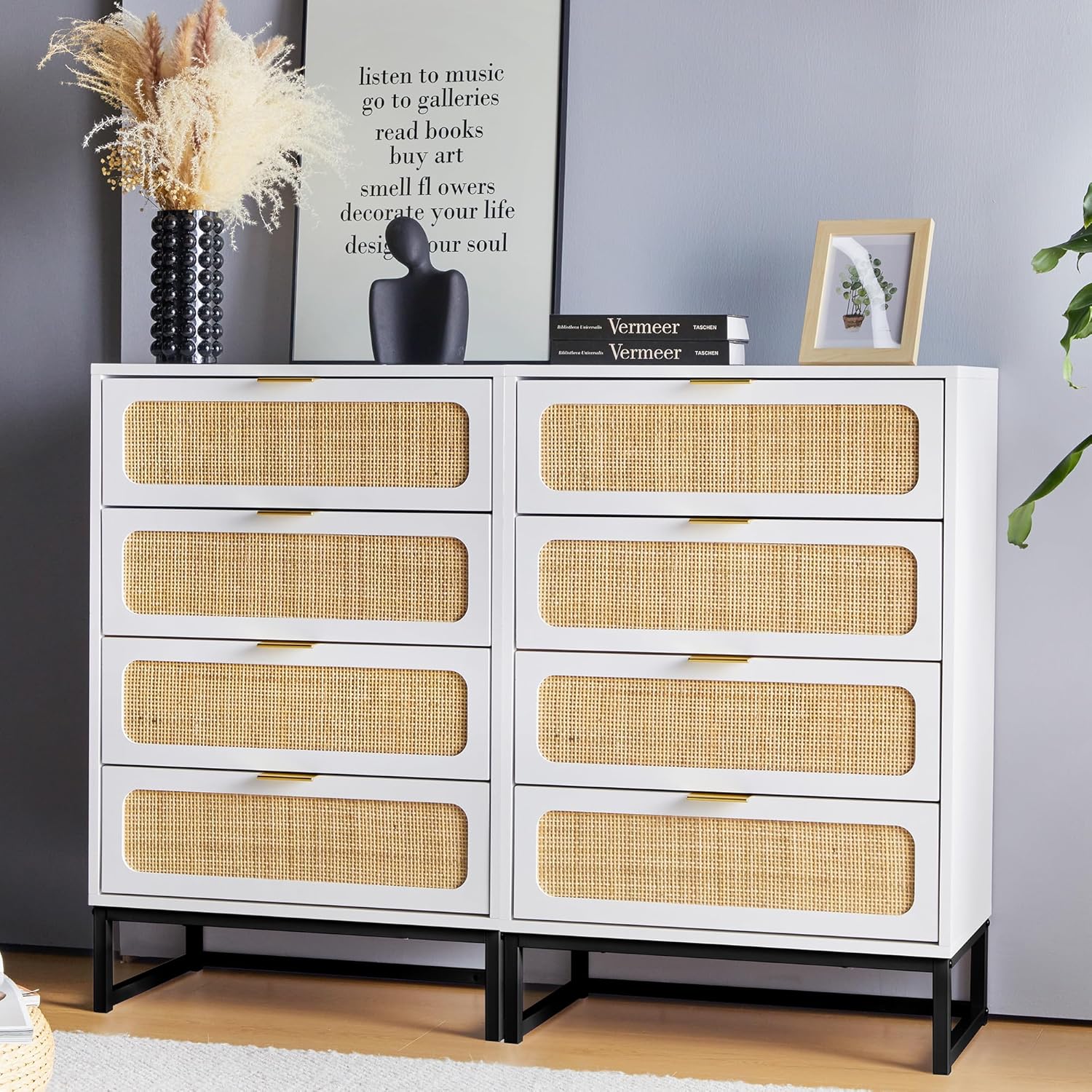 Cómoda de 8 cajones para dormitorio, cómoda de ratán, cómoda de armario, cómoda de almacenamiento de madera alta para sala de estar, dormitorio de