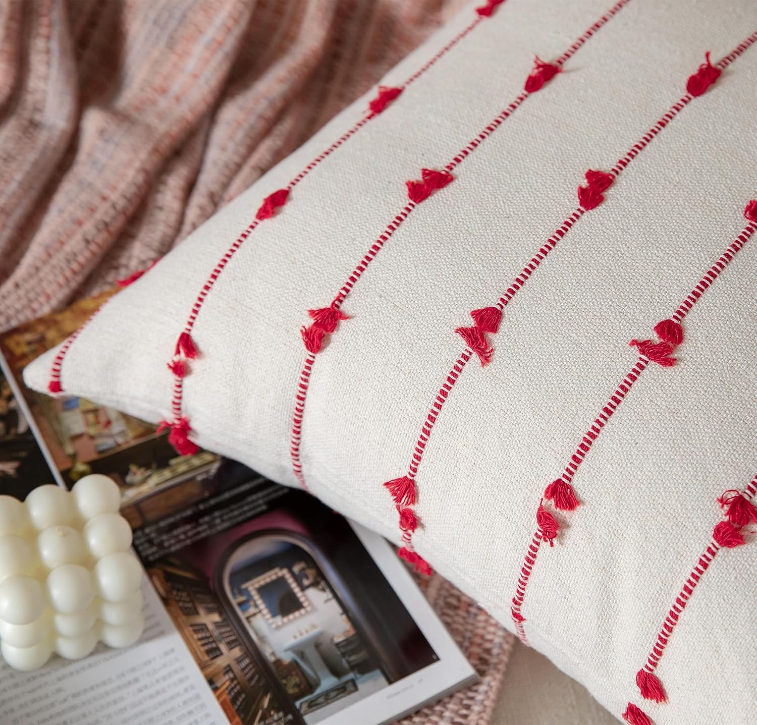 Juego de 2 fundas de almohada bohemias de Navidad de 18 x 18 pulgadas, color beige y rojo, fundas decorativas modernas de estilo rústico para sofá,