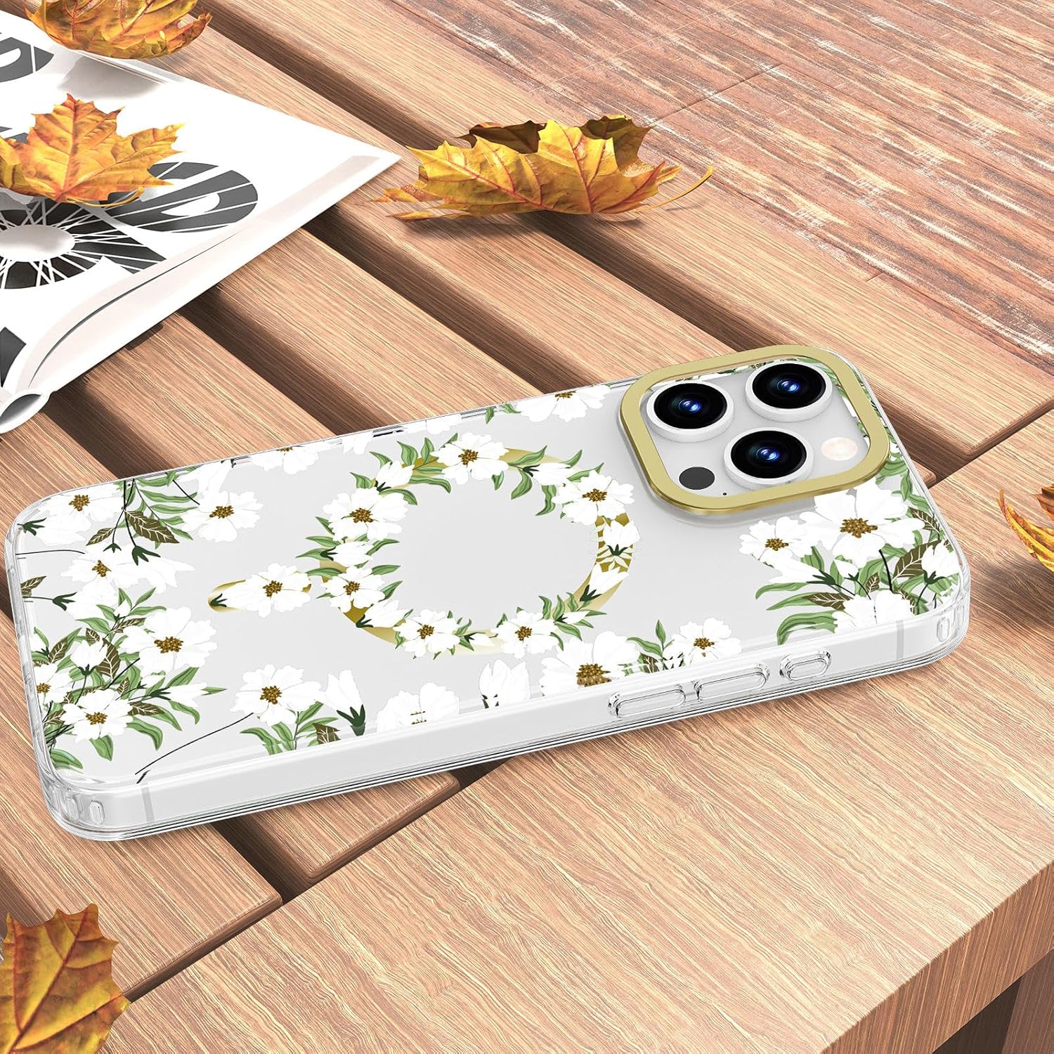 MILPROX Funda compatible con iPhone 15 Pro Max, compatible con MagSafe, bonito patrón floral de flores para niñas y mujeres, funda protectora