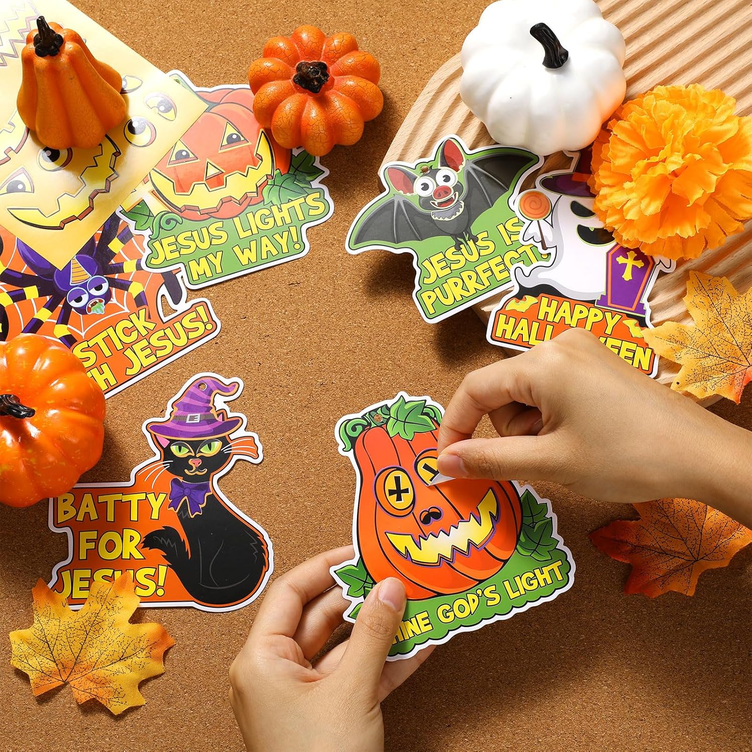 Outus 36 juegos de calcomanías de calabaza cristiana de Jesús cristiano, kits de manualidades de calabaza religiosa, adornos de Halloween,