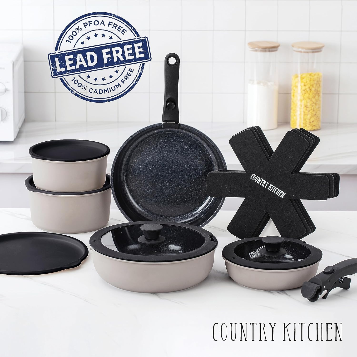 Country Kitchen Juego de ollas y sartenes de 16 piezas, utensilios de cocina antiadherentes de cerámica saludables y seguros con mango extraíble