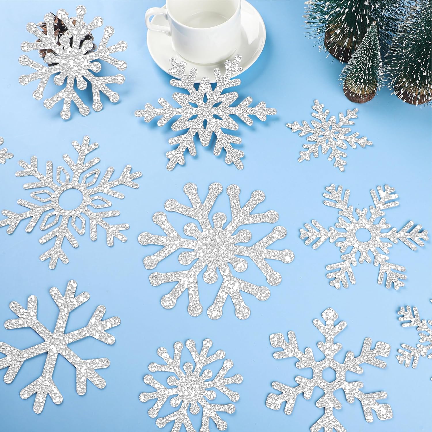72 piezas de recortes de copo de nieve de invierno con purpurina de papel de copo de nieve para decoración de tablón de anuncios, decoración de