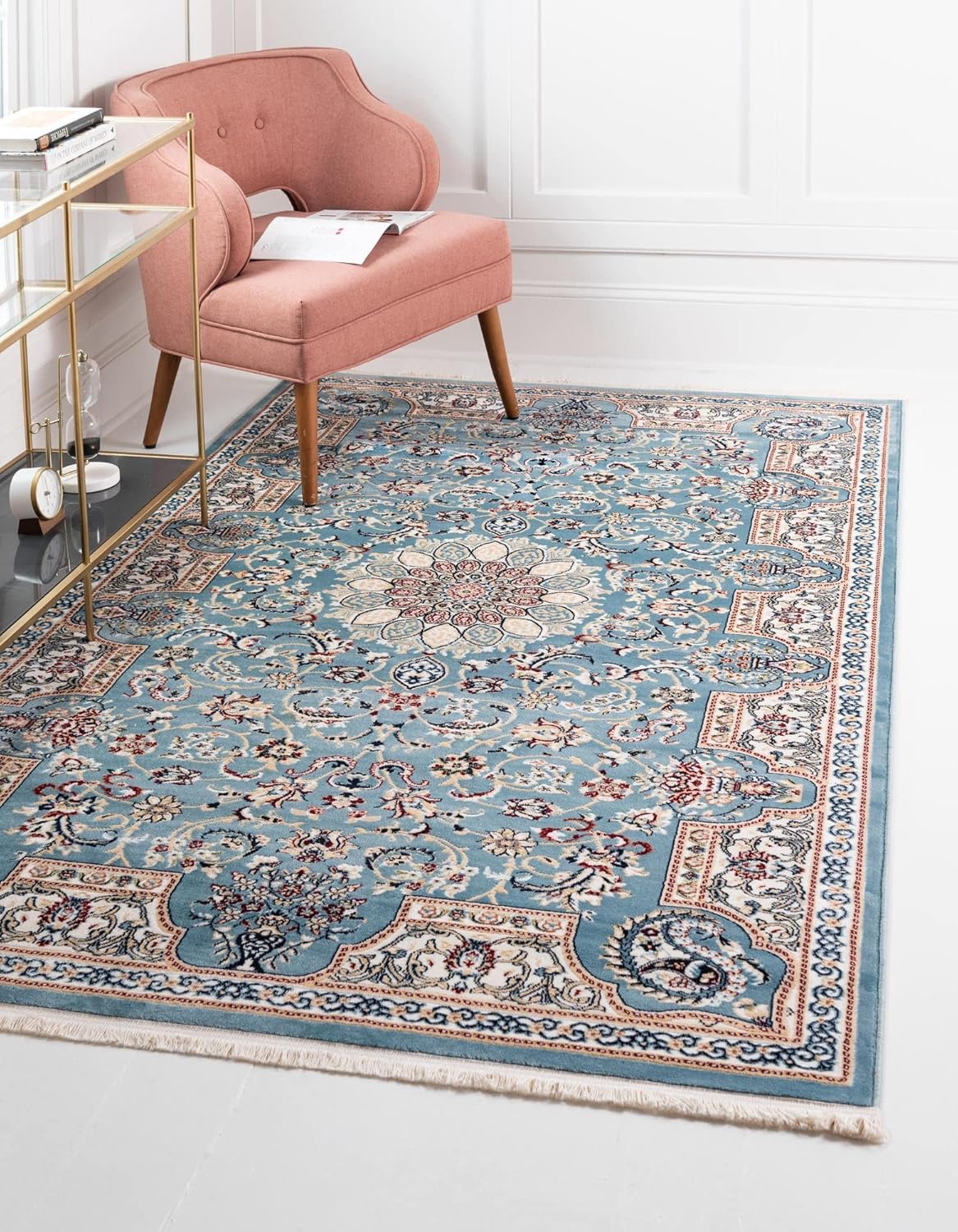 Rugs.com Rabia Collection – Alfombra baja azul de 5 x 8 pies, perfecta para dormitorios, comedores, salas de estar
