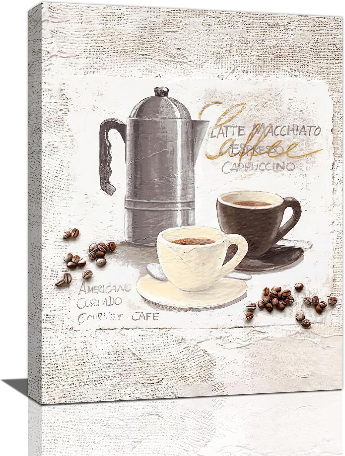 Arte de pared de café en grano de café, taza de café, cuadros para decoración de pared, pintura rústica, cocina, café, lienzo, impresiones en
