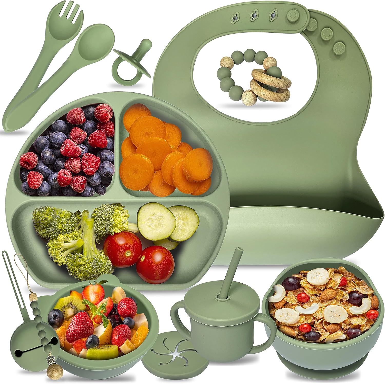 Paquete de 14 suministros de destete LED para bebés, juego de alimentación de bebé de silicona, juego de platos y cuencos para niños, platos para