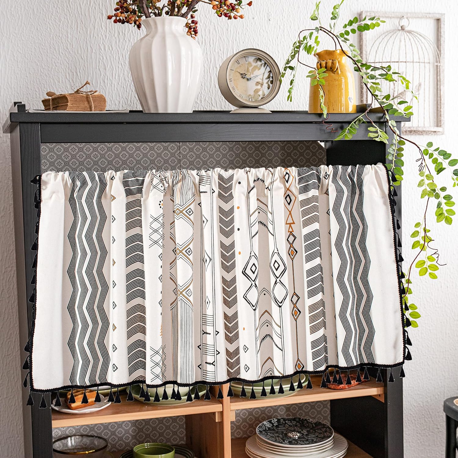 Cortinas de lino con borlas bohemias para ventana, semiopacas, panel geométrico bohemio para sala de estar, cocina, cafetería, comedor, cenefas