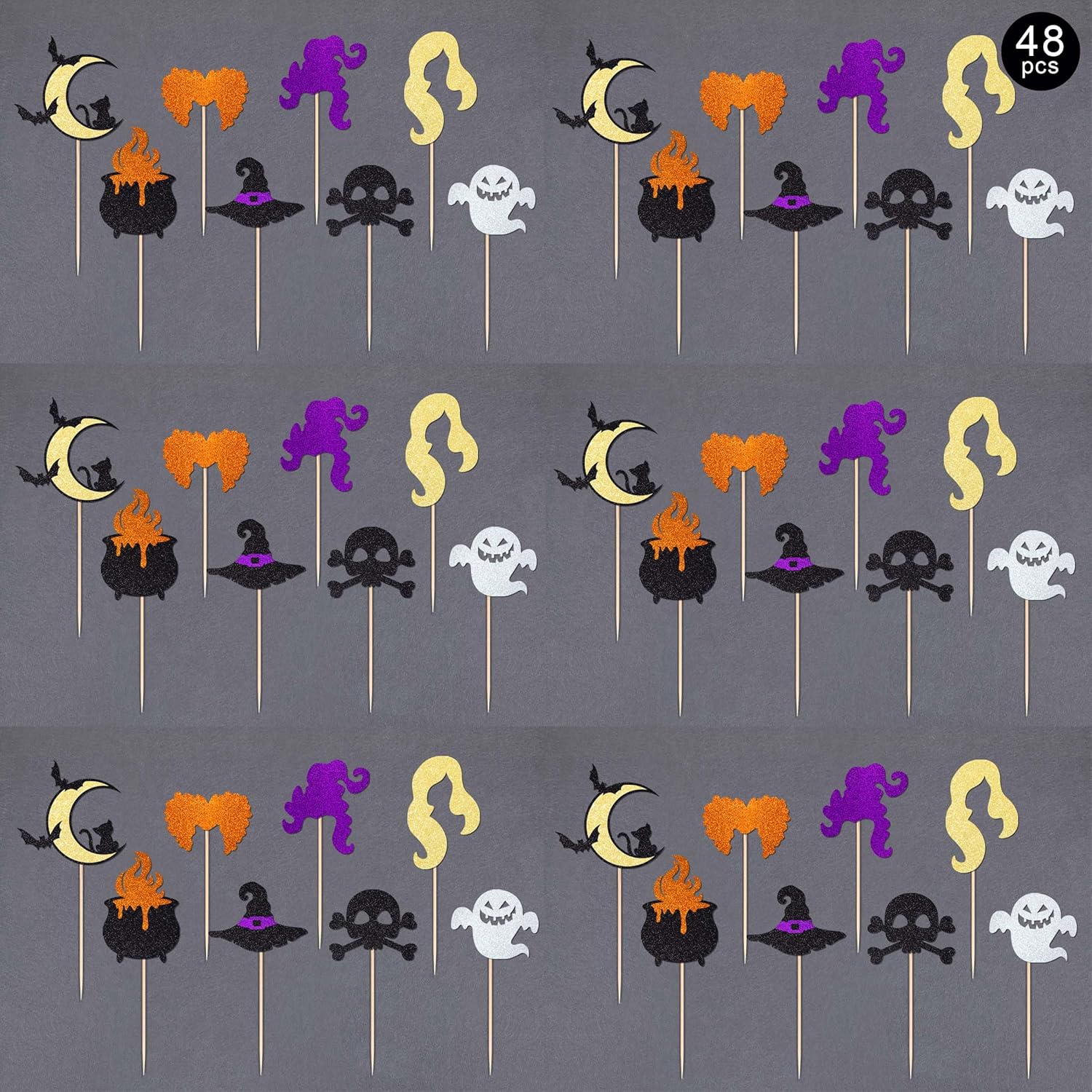 Gexolenu 48 piezas de decoración para cupcakes de Hocus Pocus, con purpurina de doble cara, espeluznante para Halloween, murciélago, fantasma,