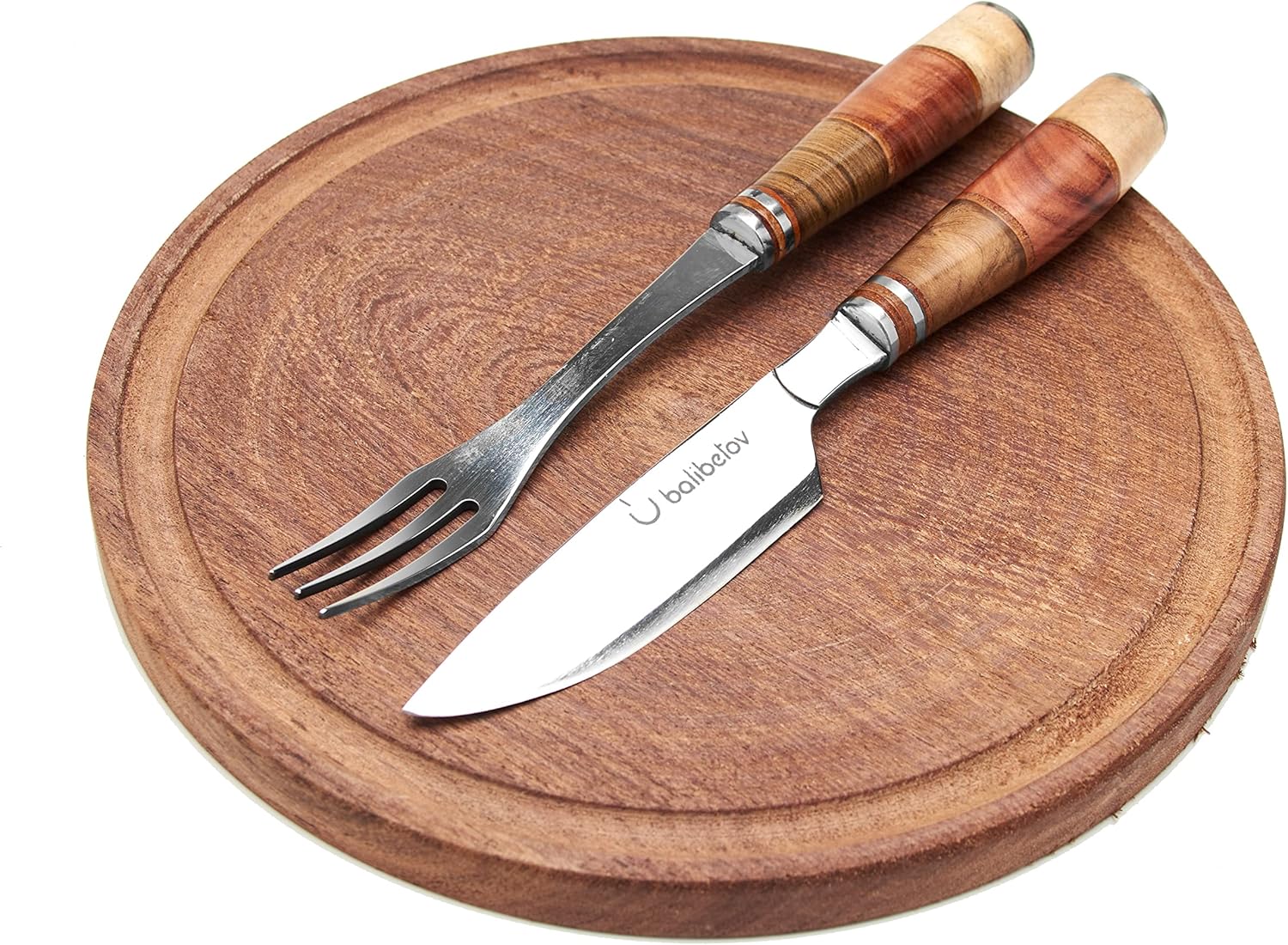 BALIBETOV Auténtico juego de barbacoa artesanal  Kit de barbacoa de 3 piezas  Tabla de cortar de madera, tenedor y cuchillo para barbacoa al aire