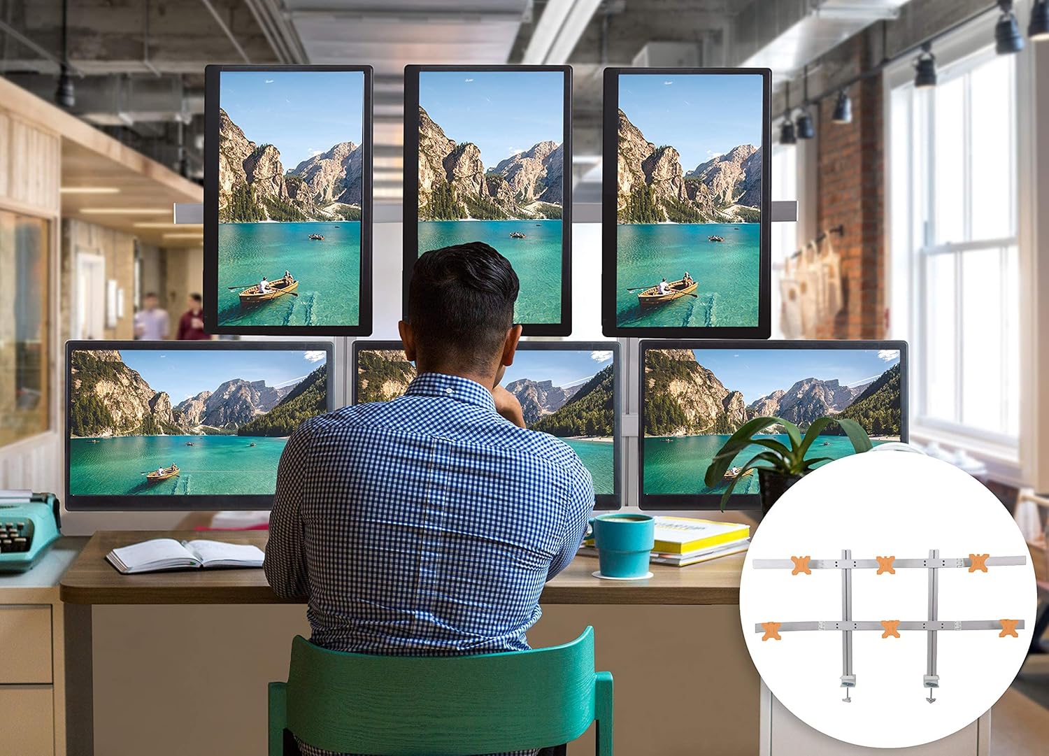 Stand Steady Configuración de escritorio para 6 monitores, soporte de monitor ajustable en altura resistente, brazo giratorio con base de