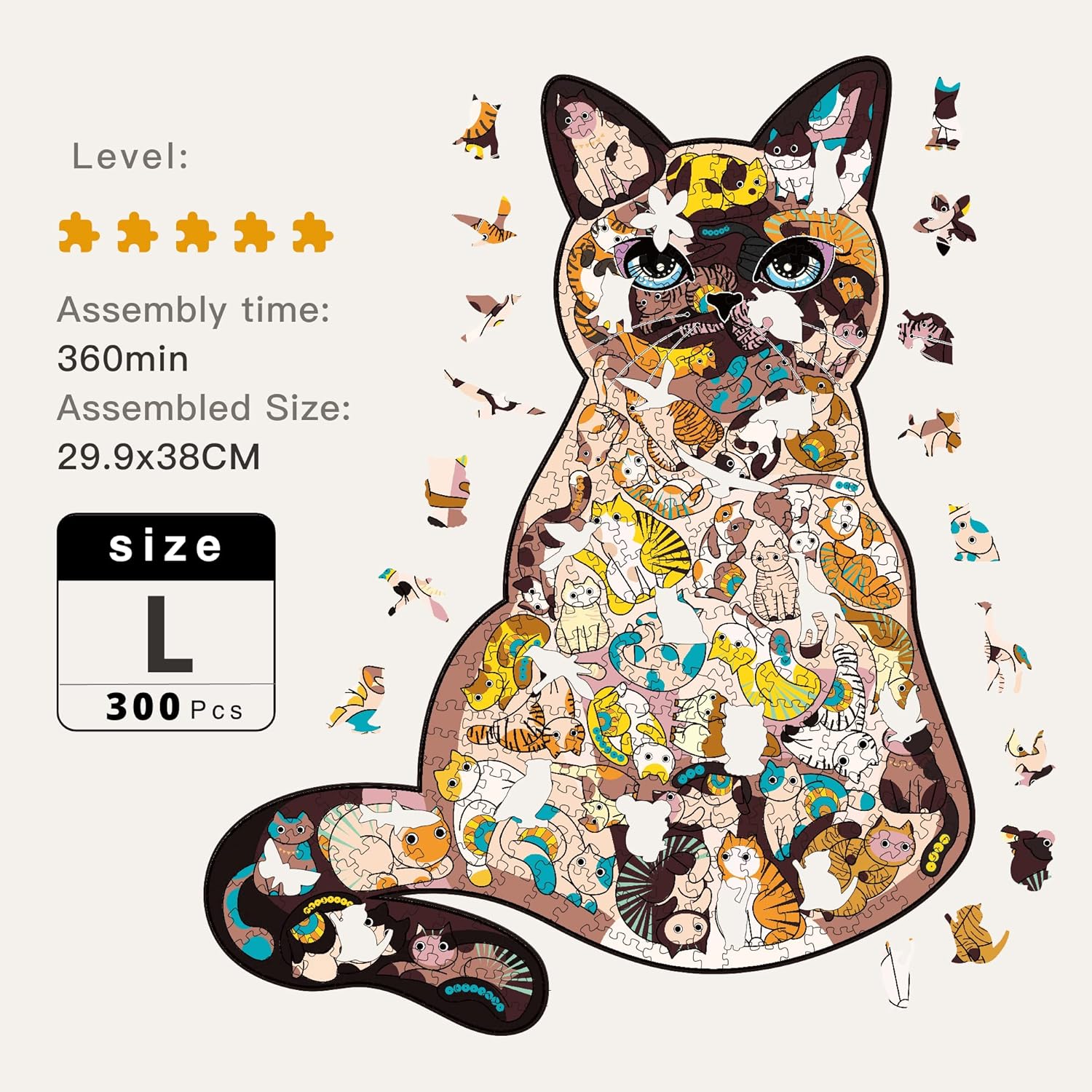 AOLEW Rompecabezas de madera  Precioso gato (300 piezas) paquete de regalo para adultos y niños, rompecabezas únicos con forma de animal,