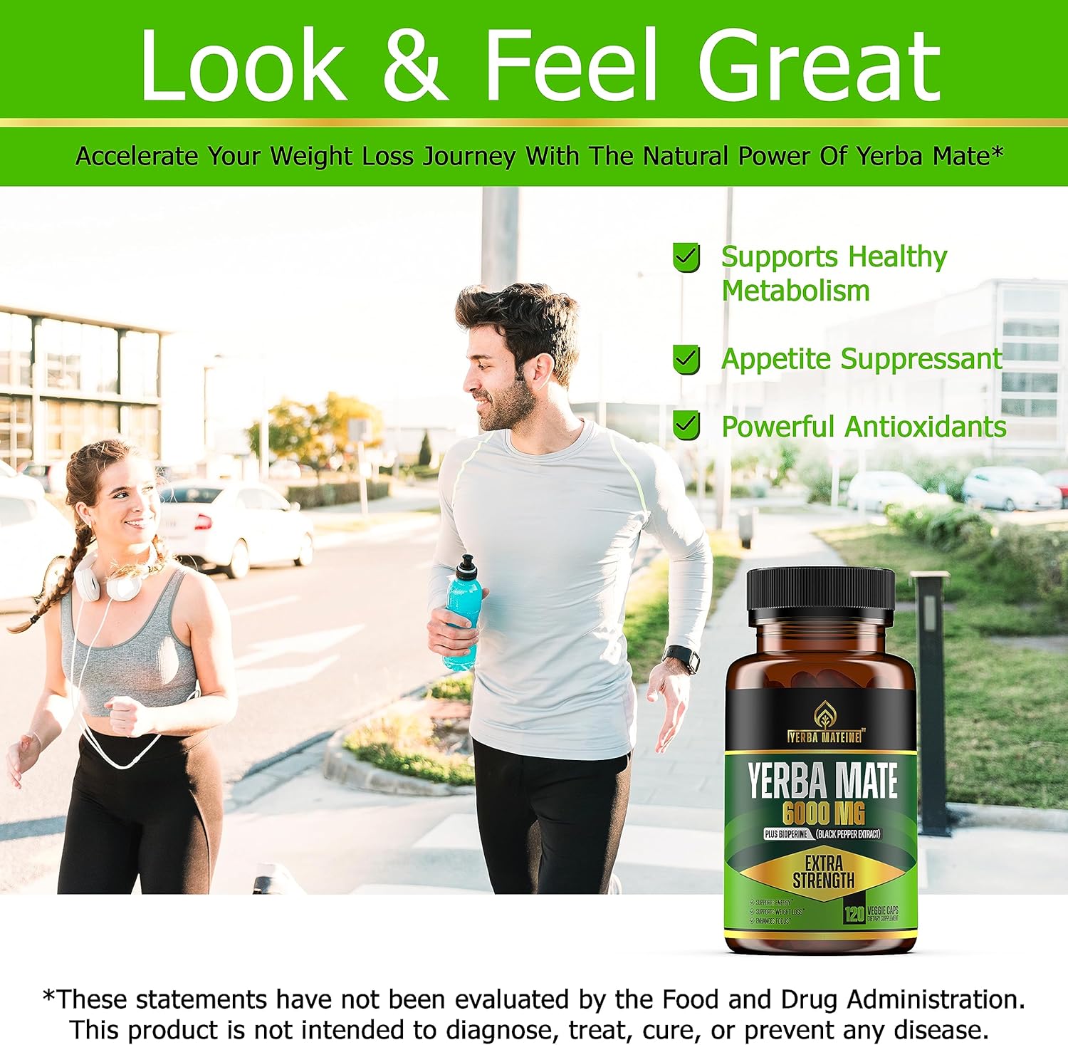 Yerba Mate extra fuerte de 6000 mg de alta potencia, 60 mg de cafeína por cápsula, píldoras de extracto de suplementos para energía natural limpia,