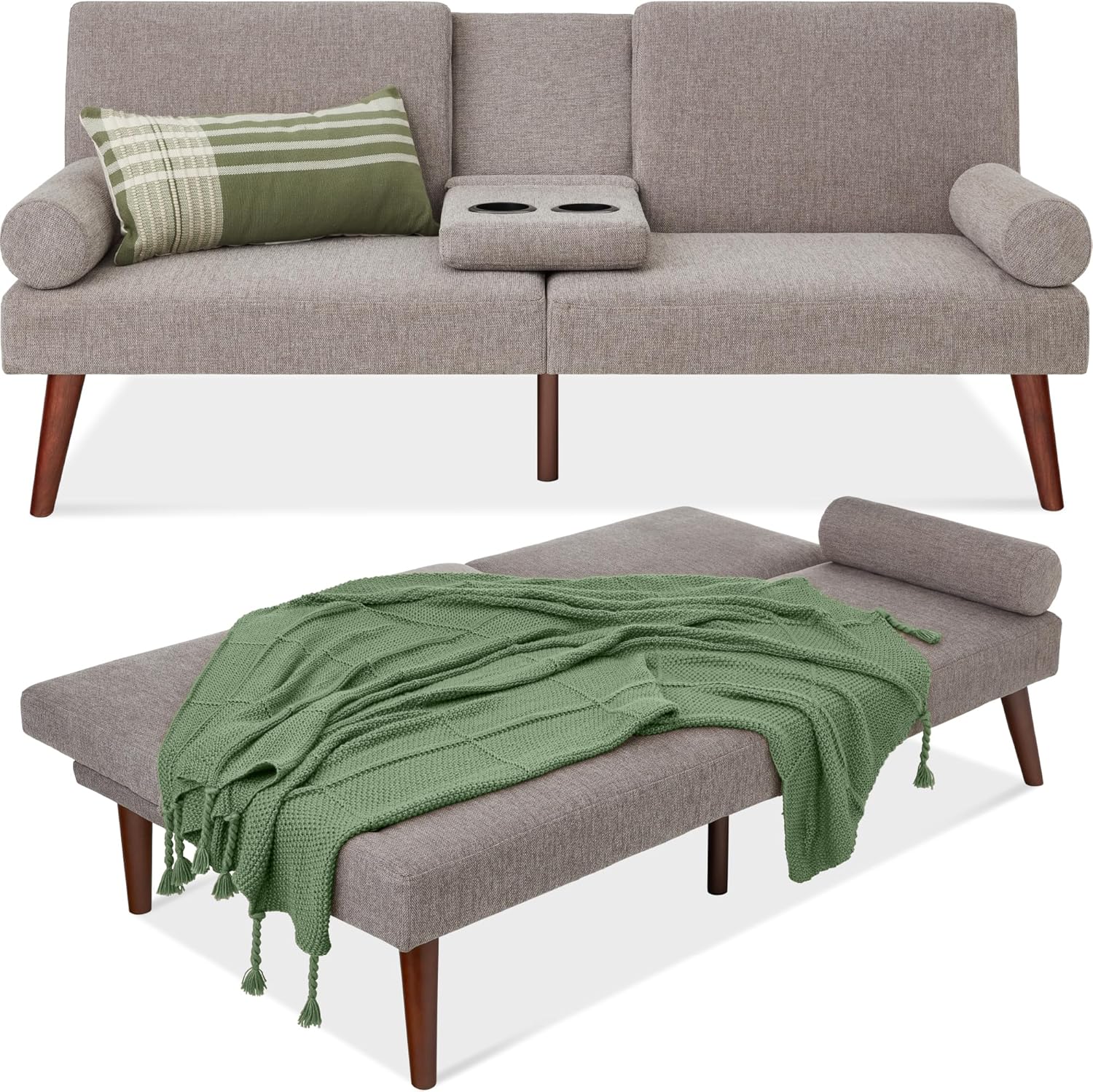 Best Choice Products Mid-Century – Futón tapizado moderno, sofá cama plegable convertible, sofá pequeño con reposabrazos redondeados, 2 portavasos,