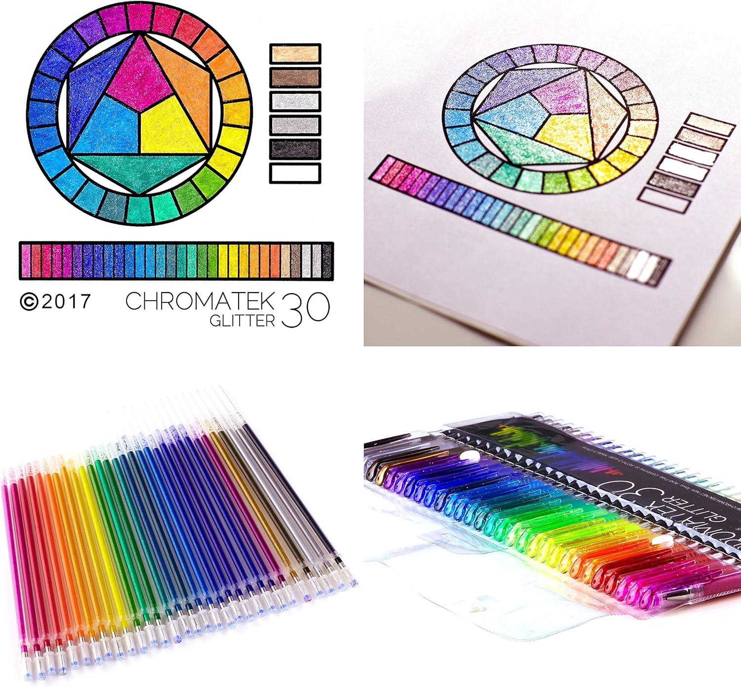 CHROMATEK Juego de 60 bolígrafos con purpurina de los mejores colores. 200% de tinta 30 bolígrafos de gel, 30 repuestos. Colores súper brillantes