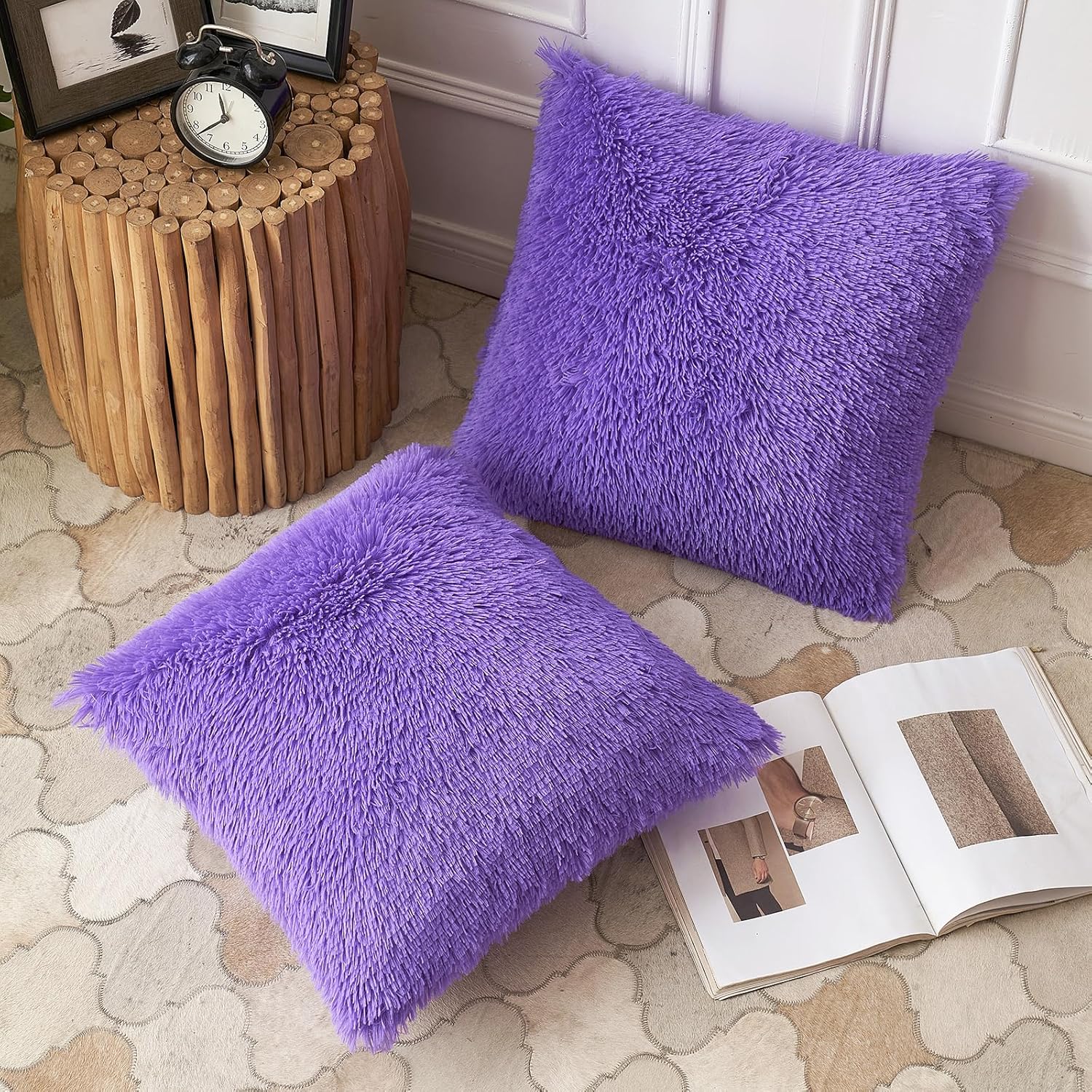 ANRODUO Paquete de 2 almohadas de primavera moradas, almohadas esponjosas de lujo de piel sintética, fundas de cojín decorativas de felpa estilo
