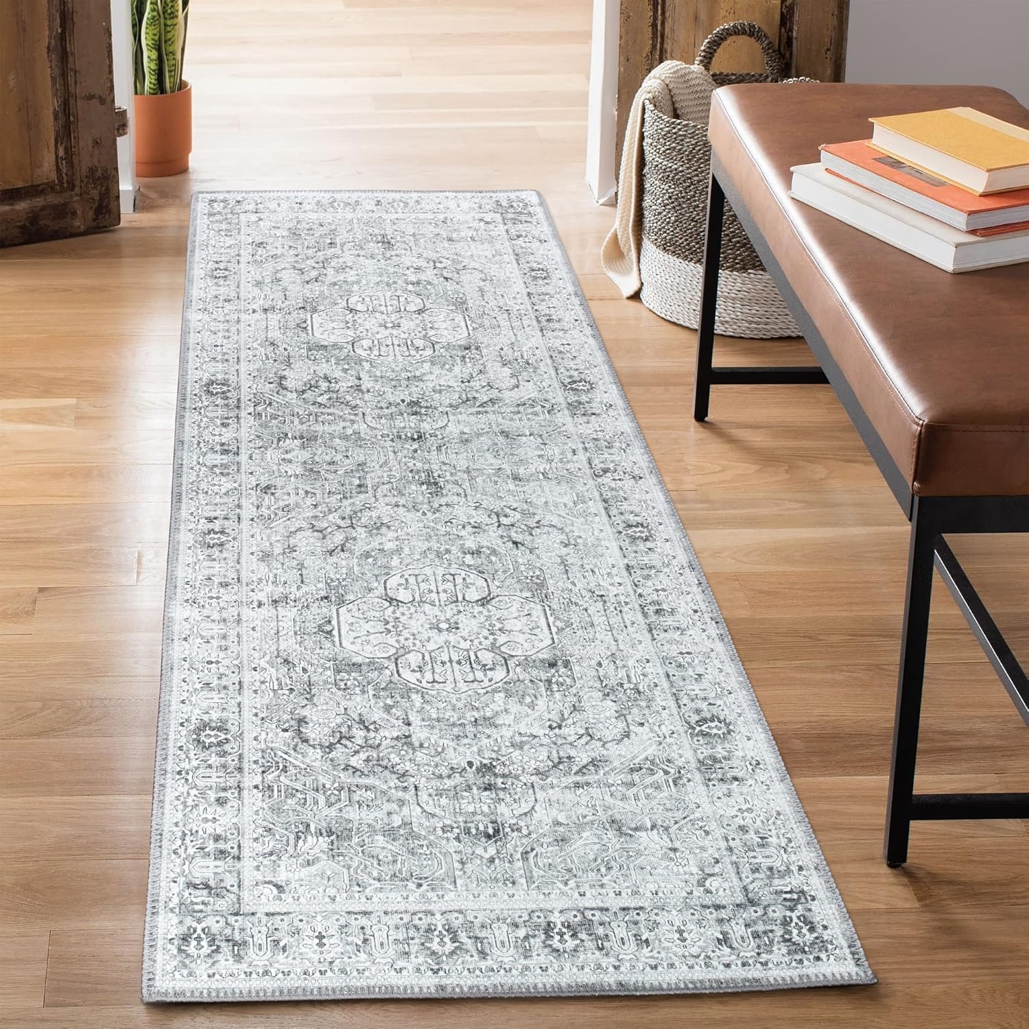Bloom Rugs Camino de medallón tradicional lavable antideslizante de 10 pies  griscarbón para entrada, pasillo, baño y cocina, tamaño exacto 2.5 x 10