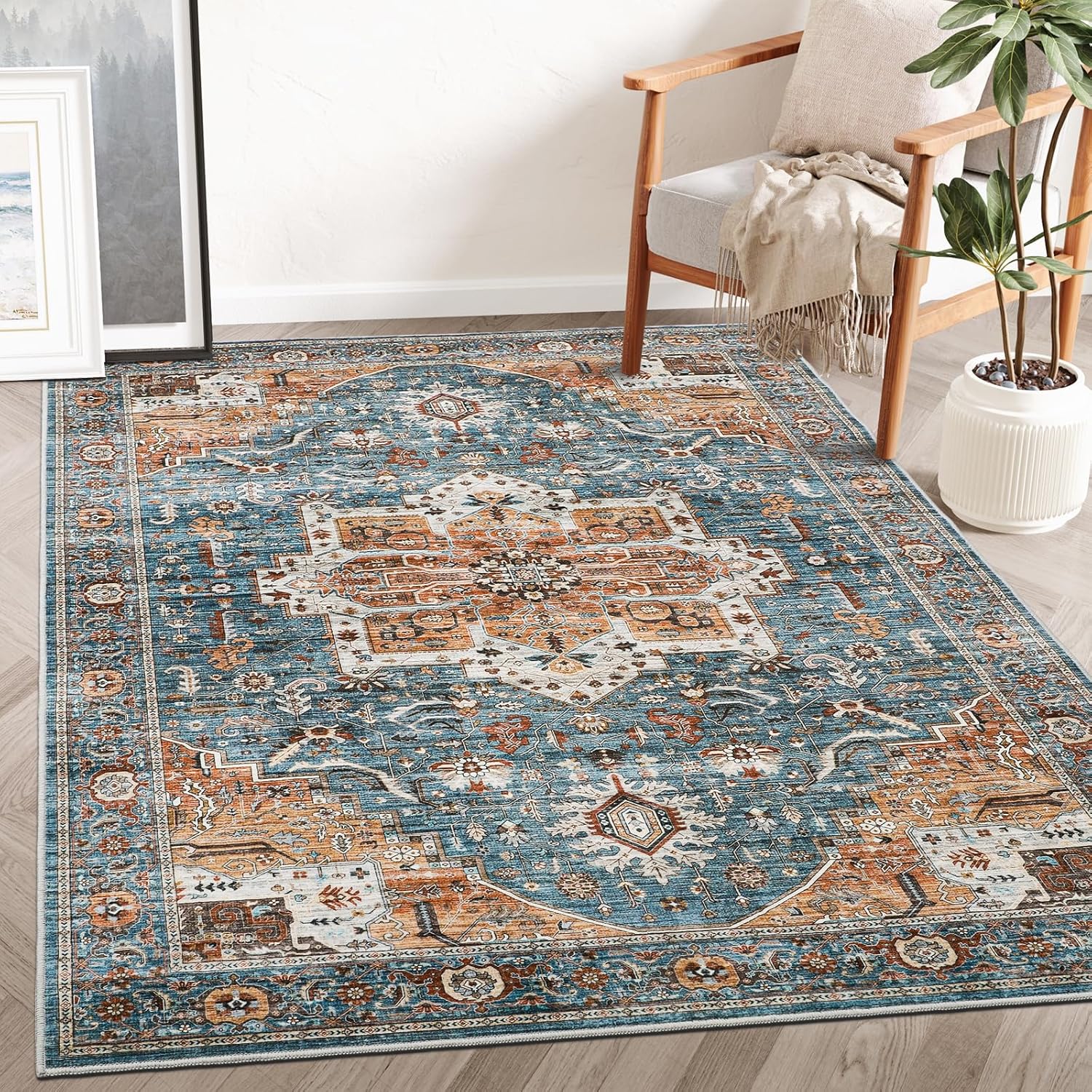 Alfombras de área de 8 x 10 pies para sala de estar, vintage lavable con parte trasera antideslizante, resistente a las manchas, alfombra de área