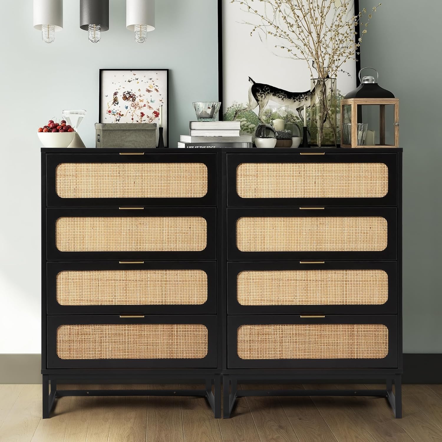 Cómoda de 4 cajones para dormitorio, cómoda de ratán, cómoda de armario, cómoda de almacenamiento de madera alta para sala de estar, dormitorio de