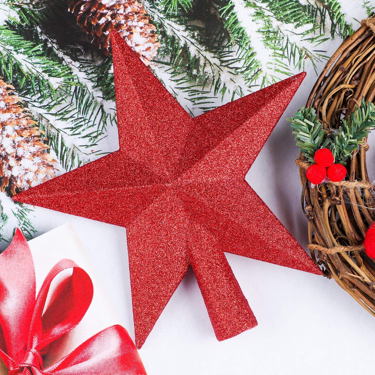 URATOT – Adorno decorativo para copa de árbol de Navidad, diseño de estrella brillante con purpurina, inastillable