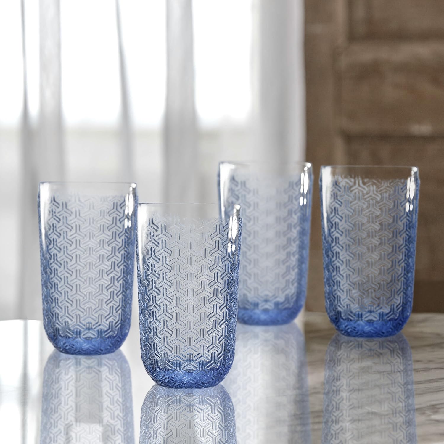 Elle Decor 229806-4HBBL Bistro Key Juego de 4 piezas Highball, utensilios de bar y vasos elegantes de vidrio, apto para lavavajillas, 14 onzas, azul