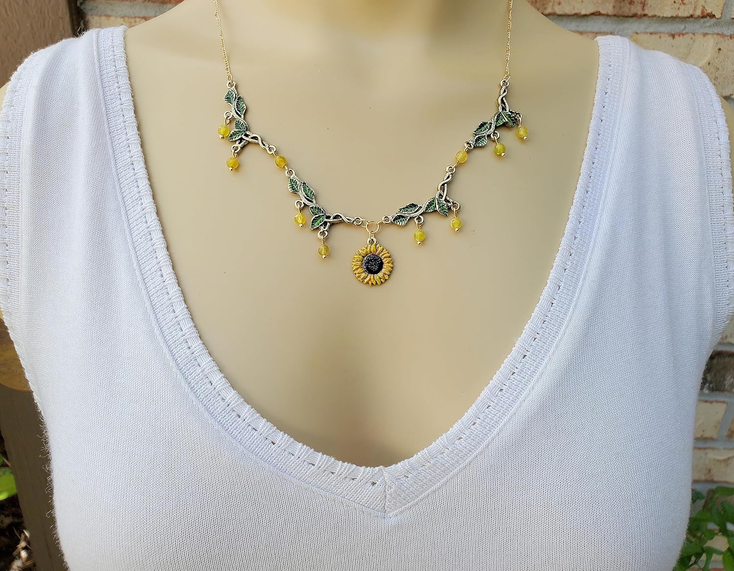 Green Leaf and Sunflower Necklace wAgate Bead Dangle – Hand Painted Sunny, Golden Yellow Flower and Leafy Green Necklace – Nature Colors Jewelry